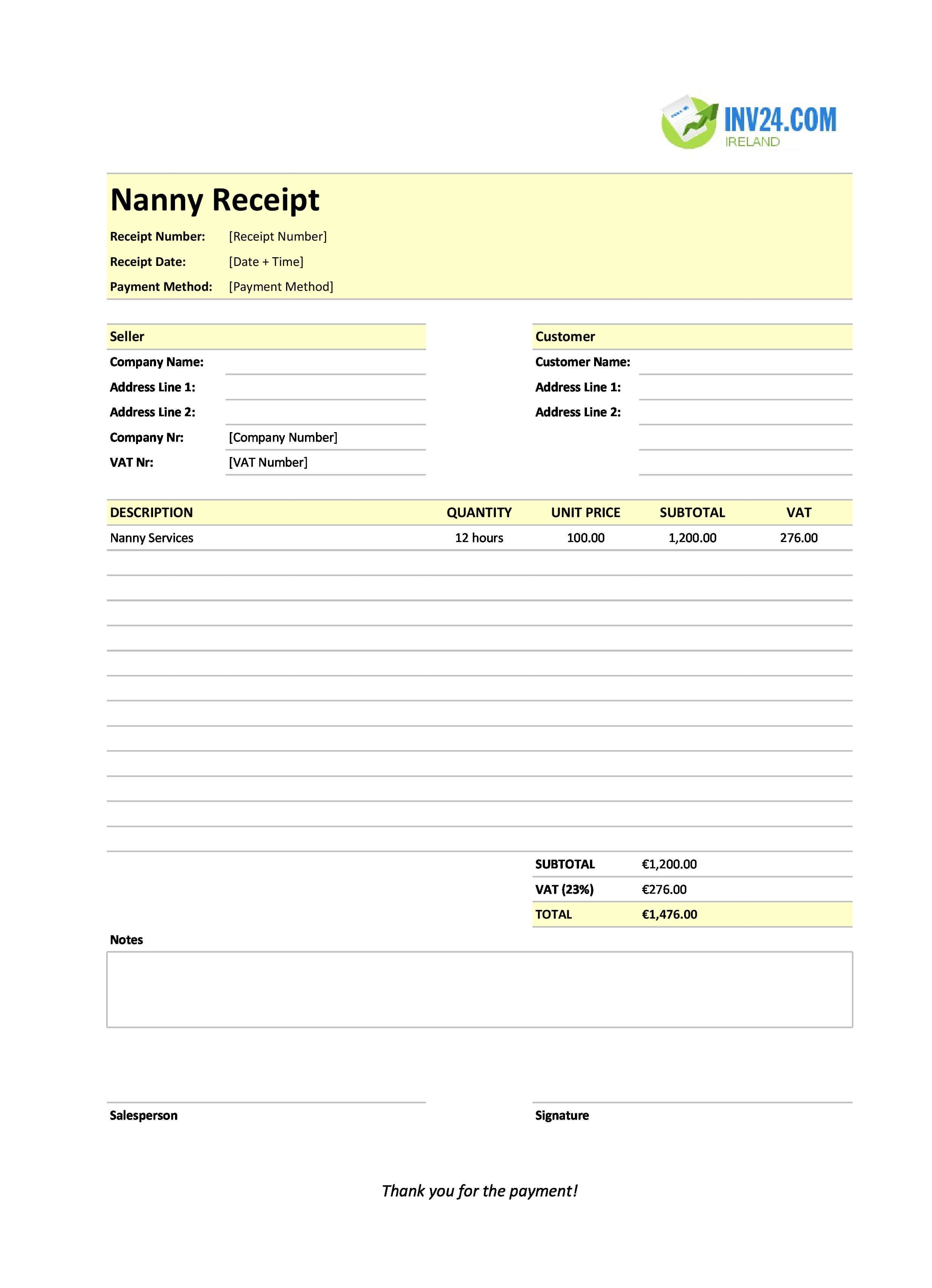 Nanny Receipt Template for Ireland (Excel / Google Sheets)