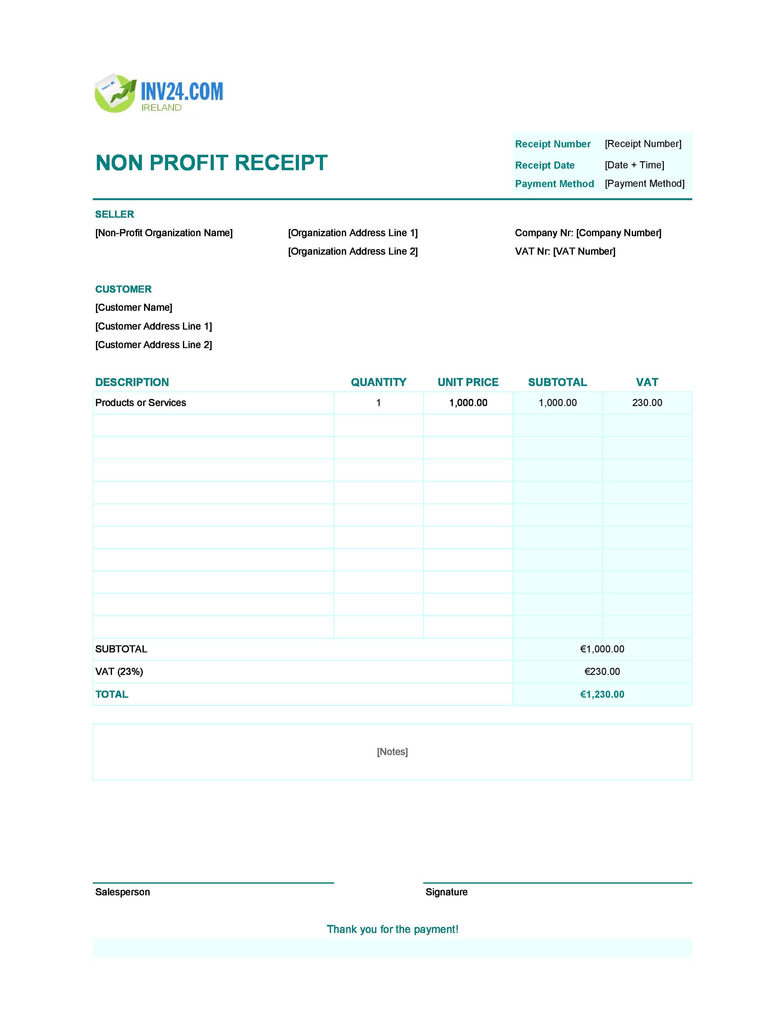 Non-Profit Receipt Template for Ireland (Excel / Google Sheets)