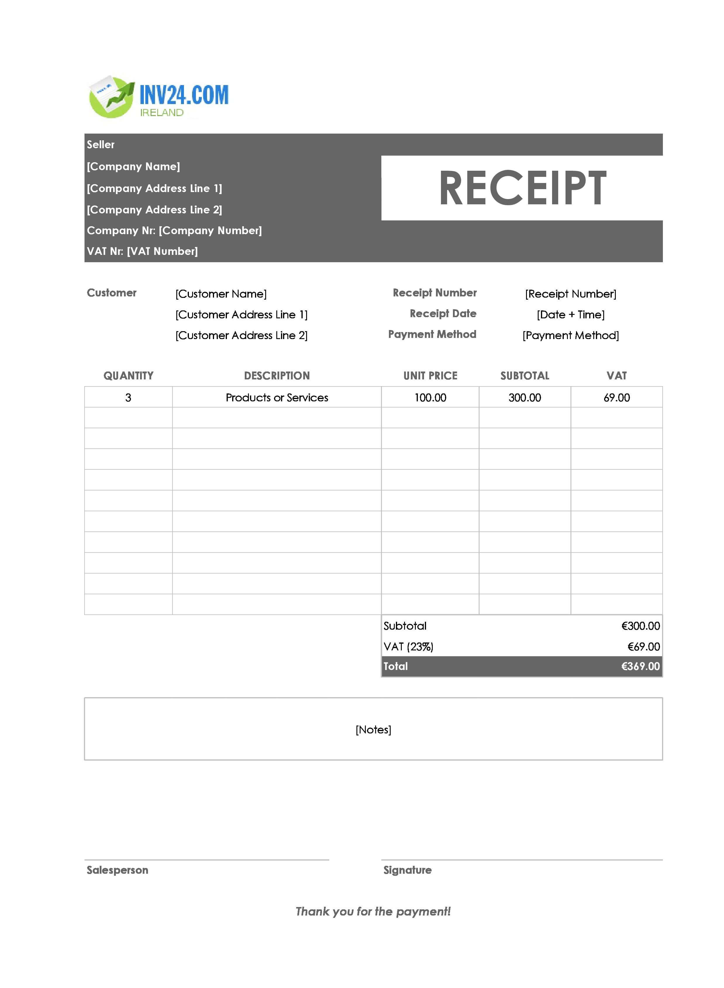 Official Receipt Template for Ireland (Excel / Google Sheets)