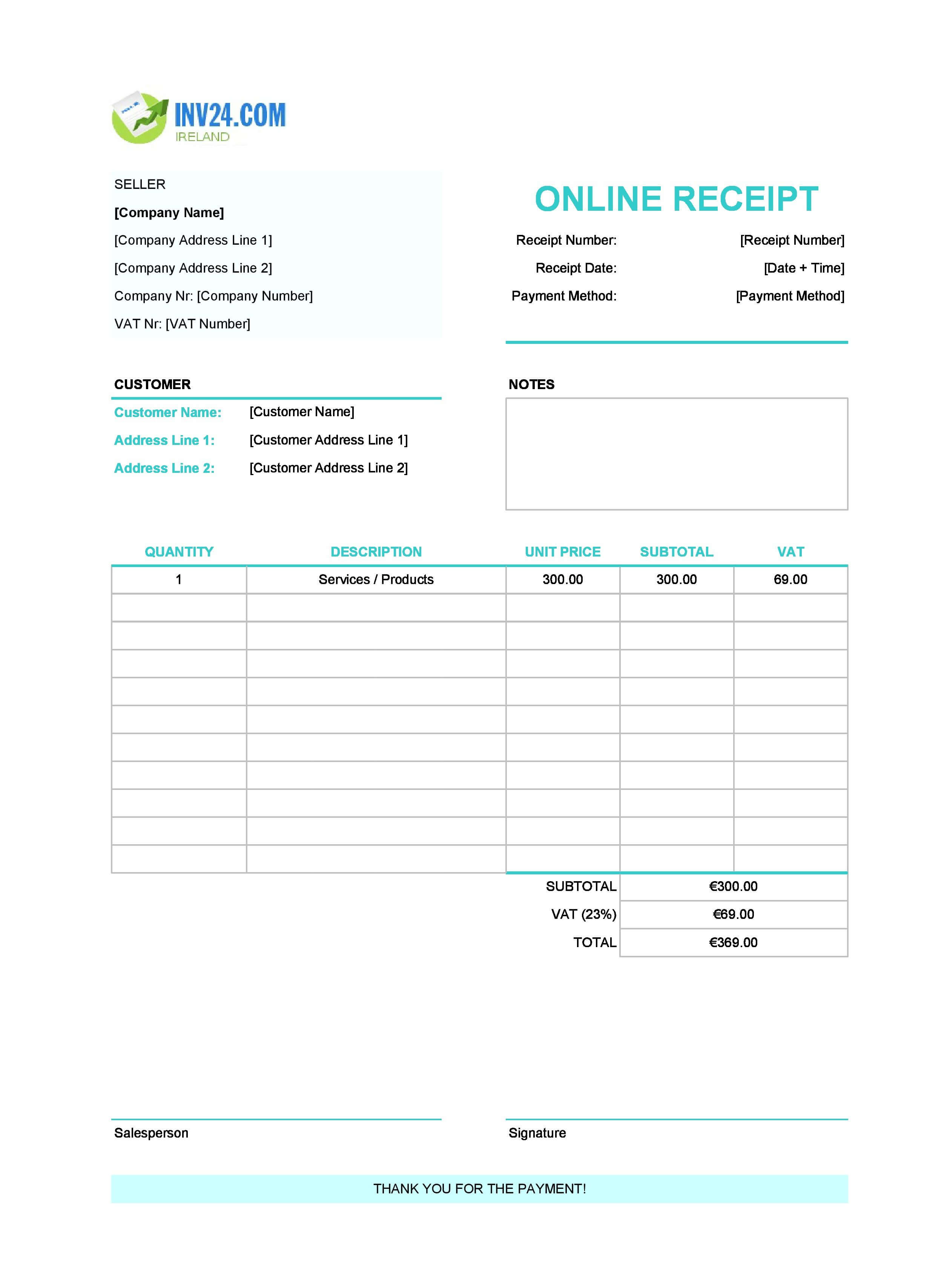 Online Receipt Template for Ireland (Excel / Google Sheets)