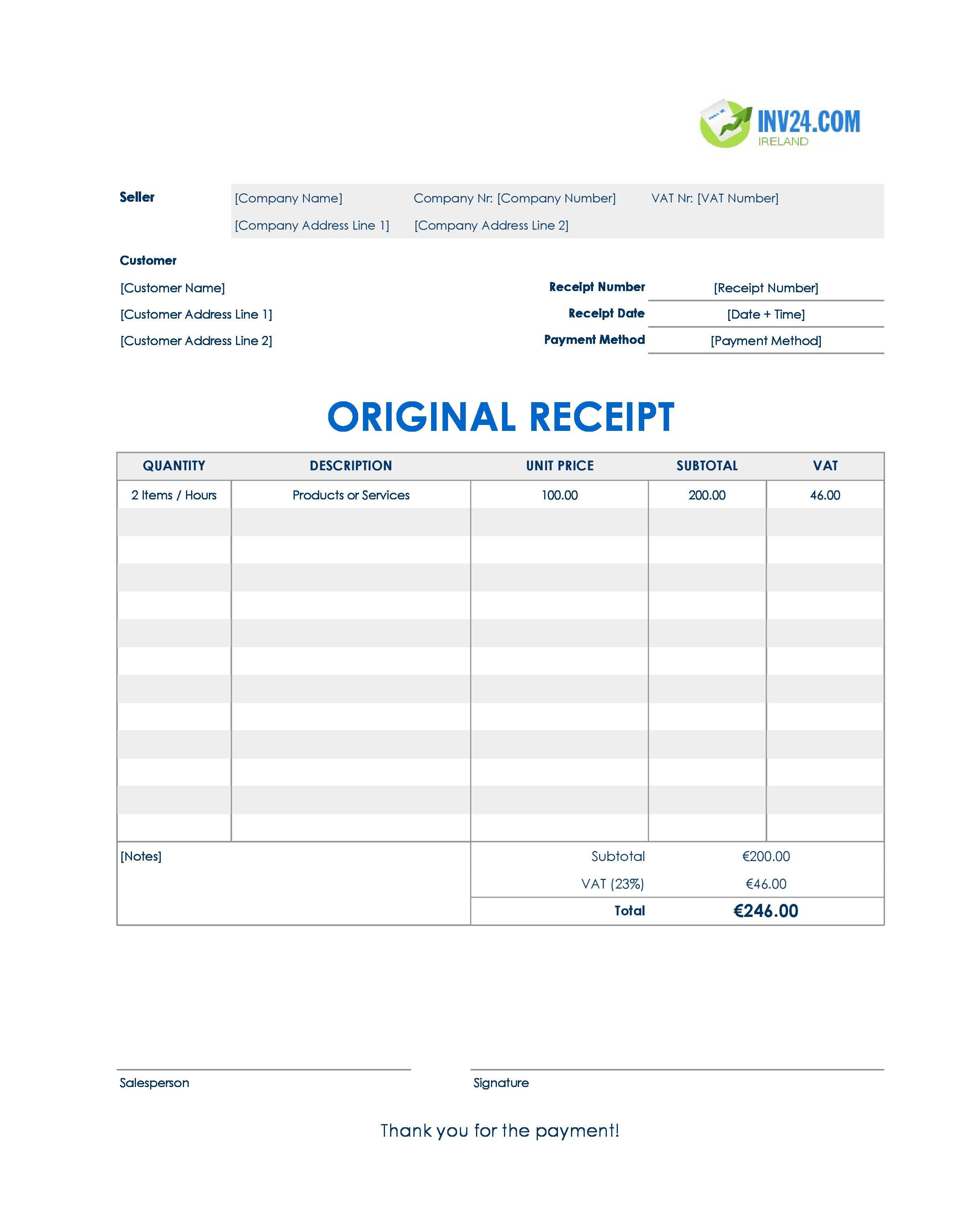 Original Receipt Template for Ireland (Excel / Google Sheets)