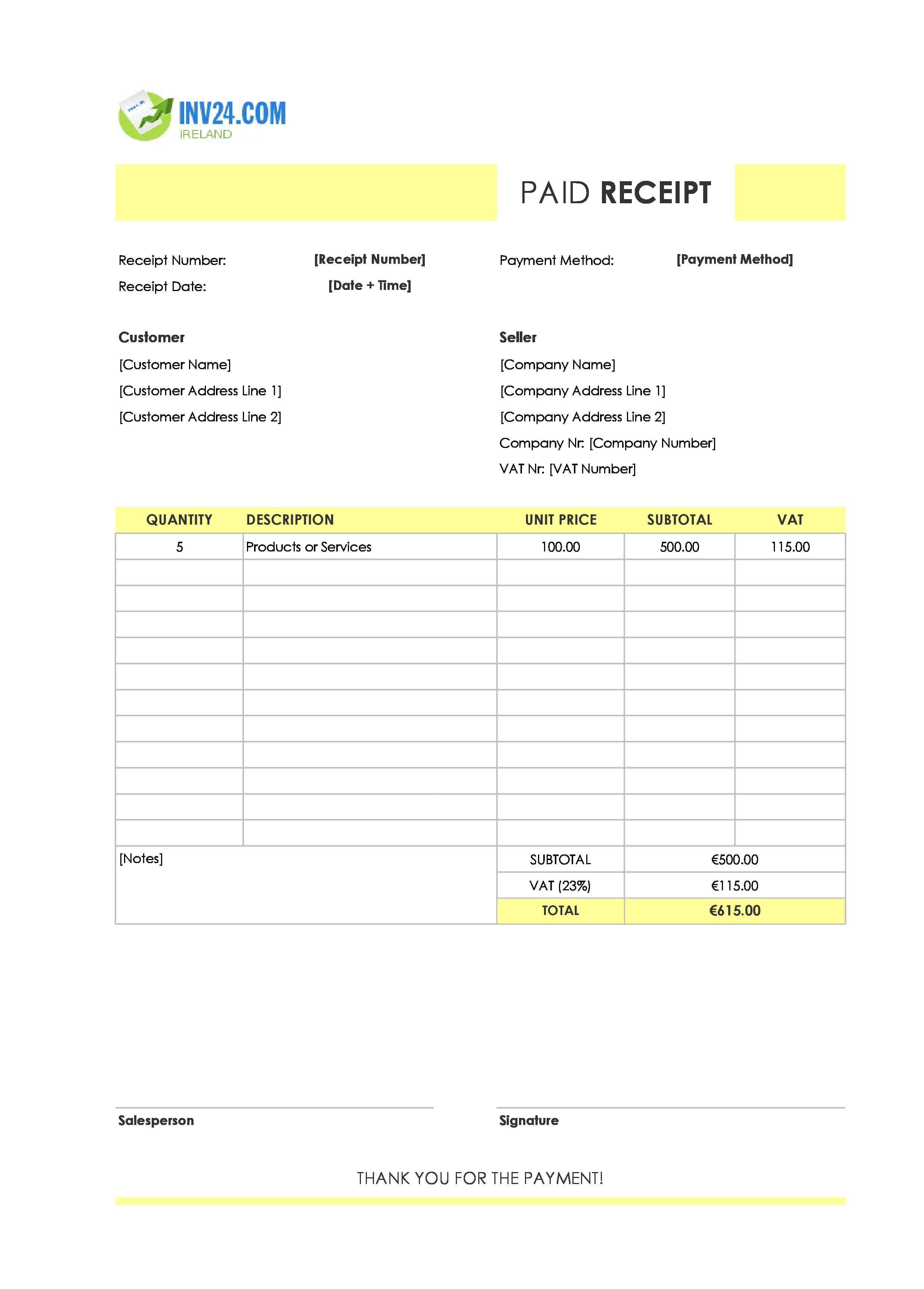Paid Receipt Template for Ireland (Excel / Google Sheets)