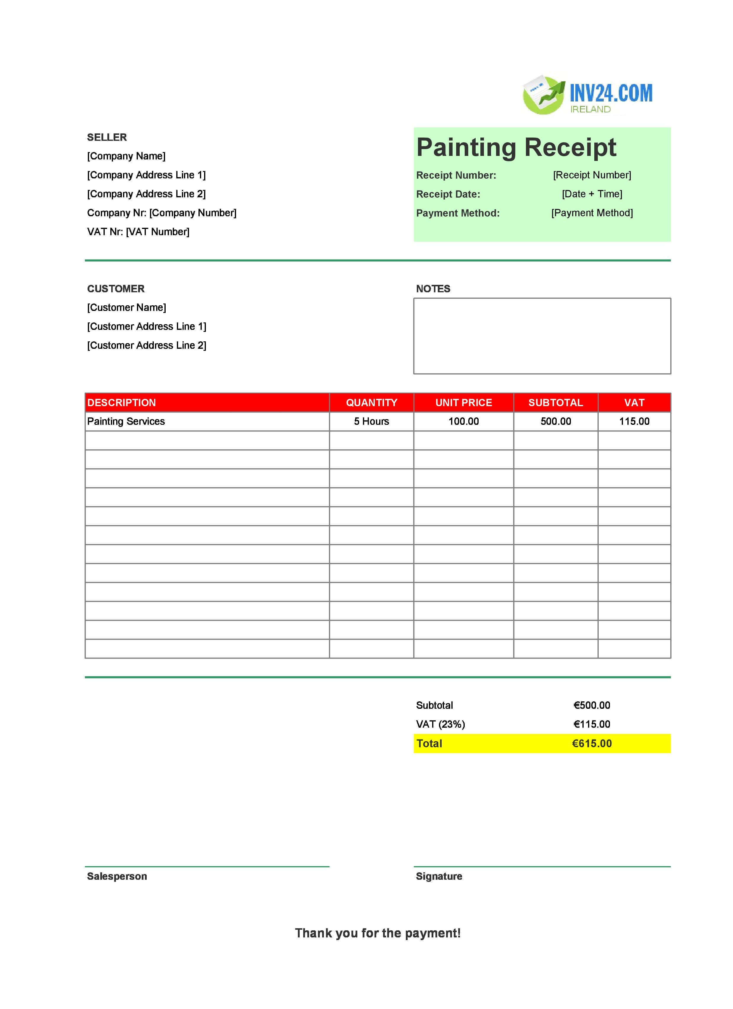 Painting Receipt Template for Ireland (Excel / Google Sheets)