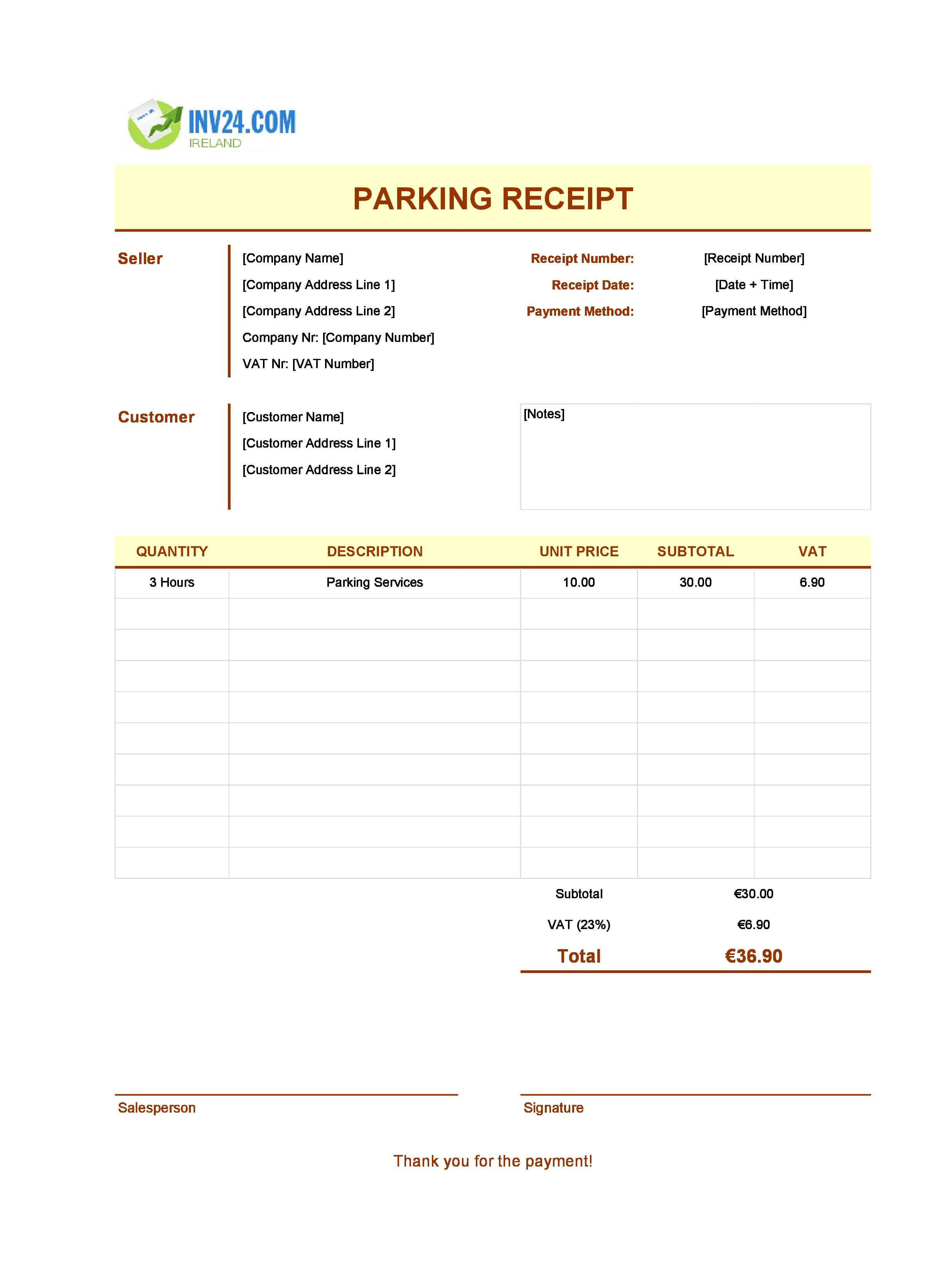 Parking Receipt Template for Ireland (Excel / Google Sheets)