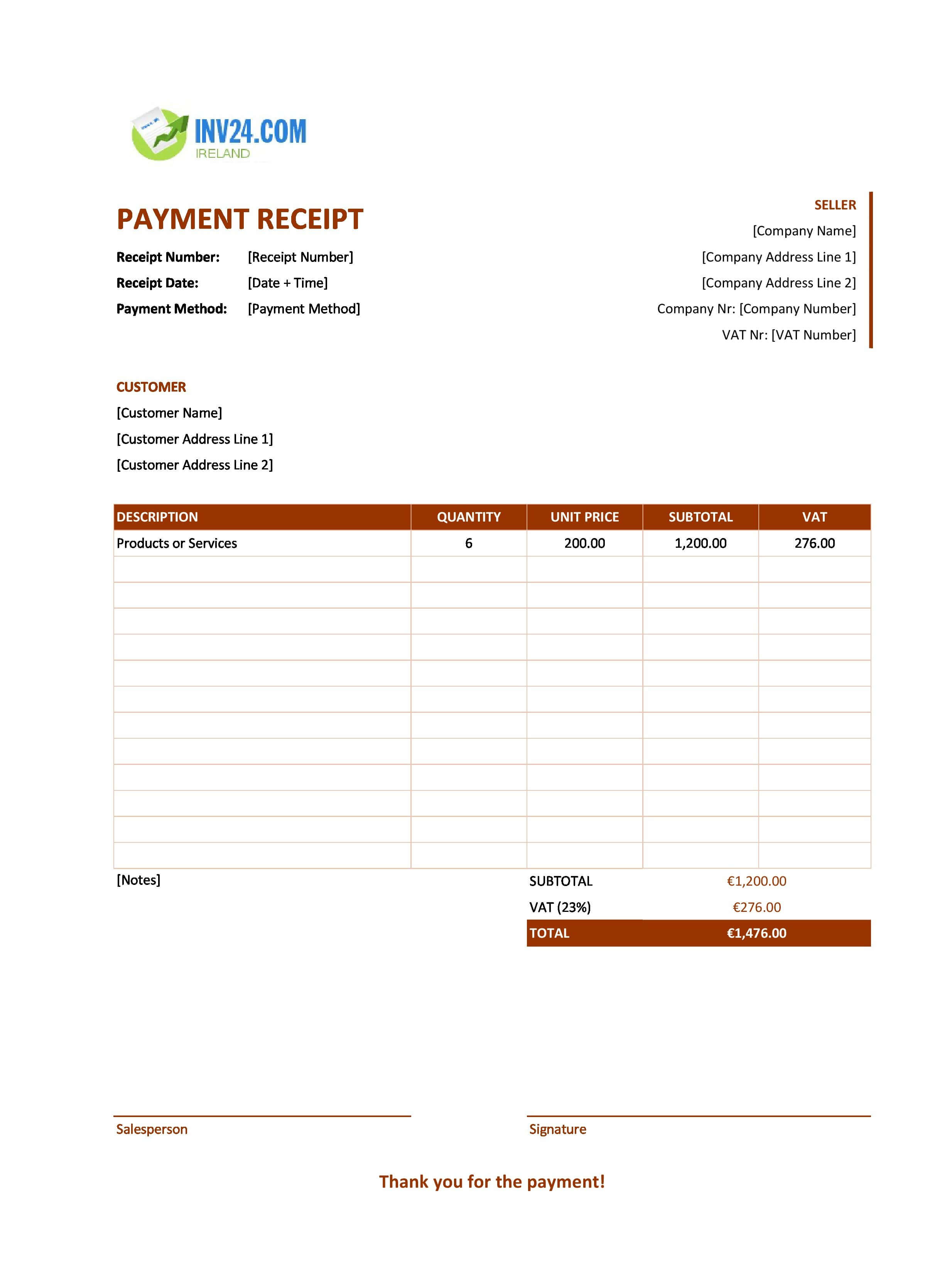 Payment Receipt Template for Ireland (Excel / Google Sheets)