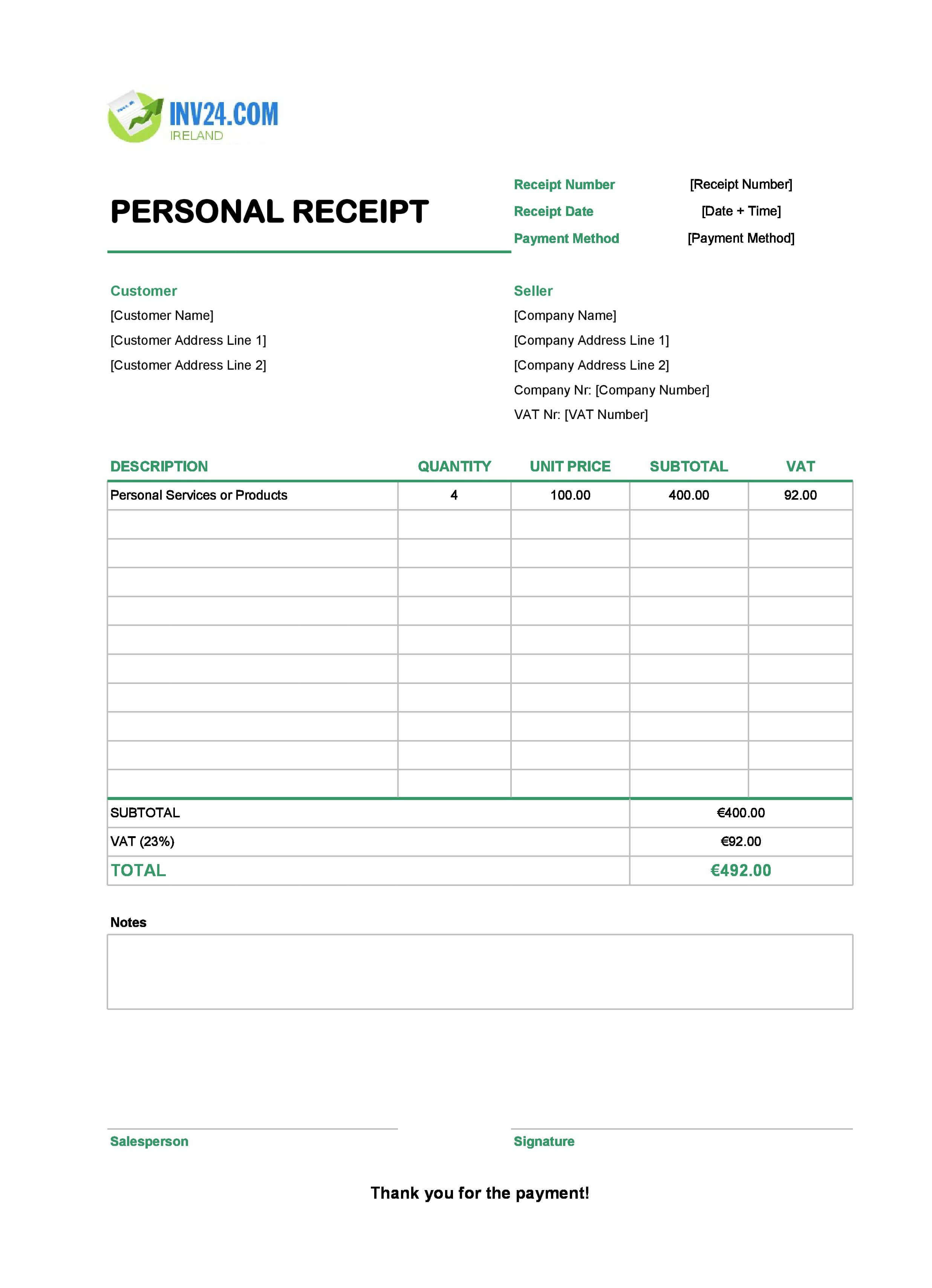Personal Receipt Template for Ireland (Excel / Google Sheets)