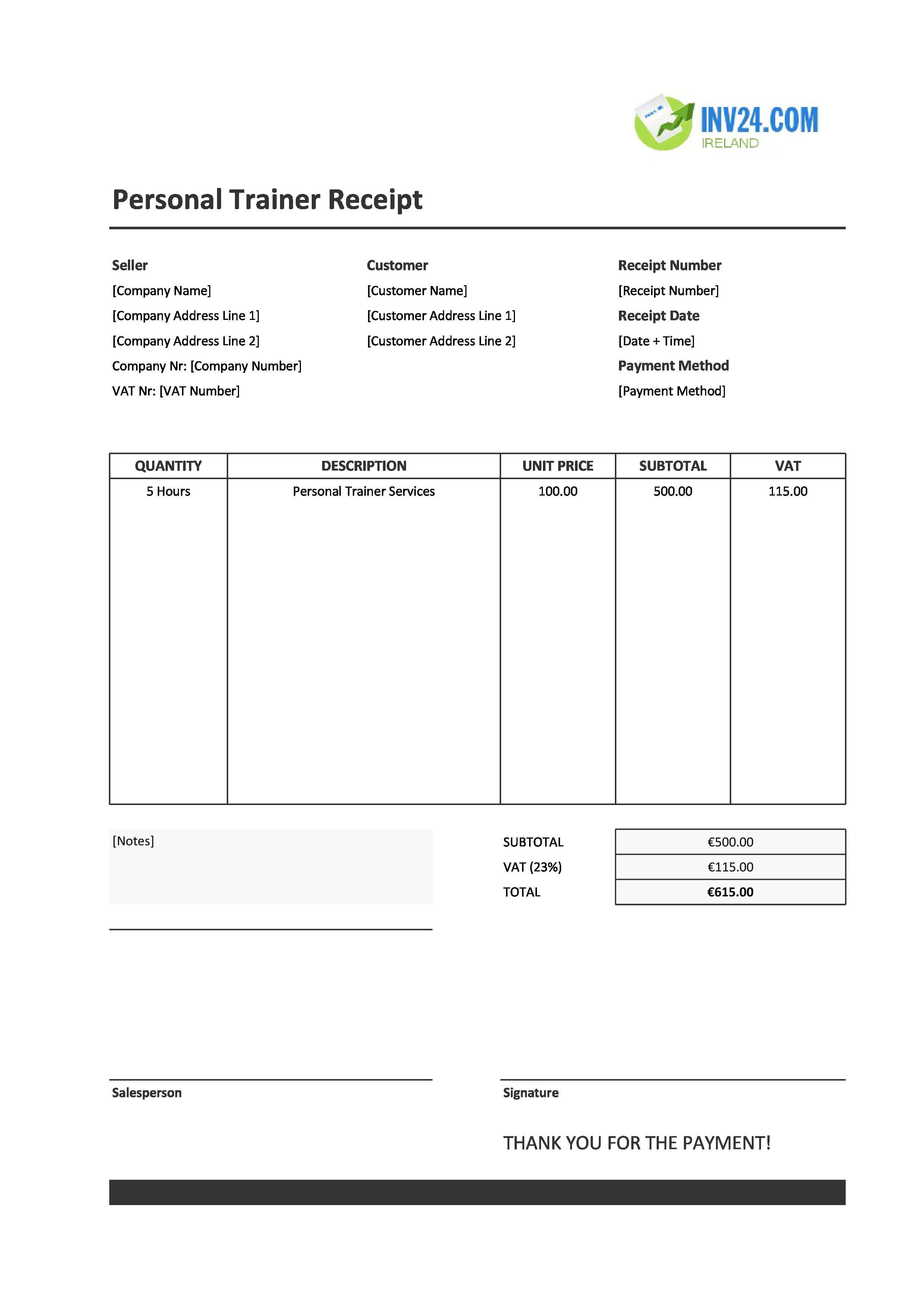 Personal Trainer Receipt Template for Ireland (Excel / Google Sheets)