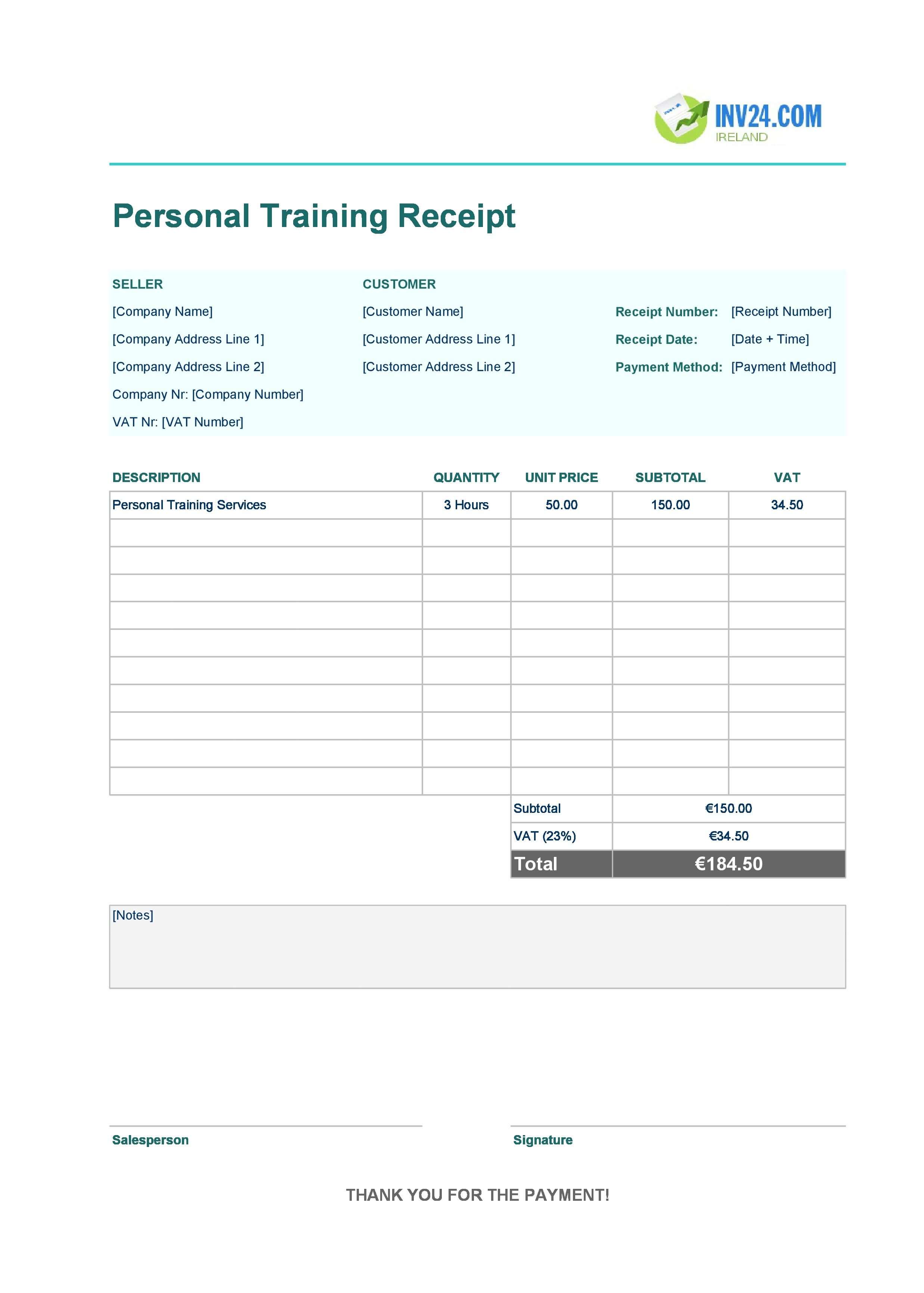 Personal Training Receipt Template for Ireland (Excel / Google Sheets)
