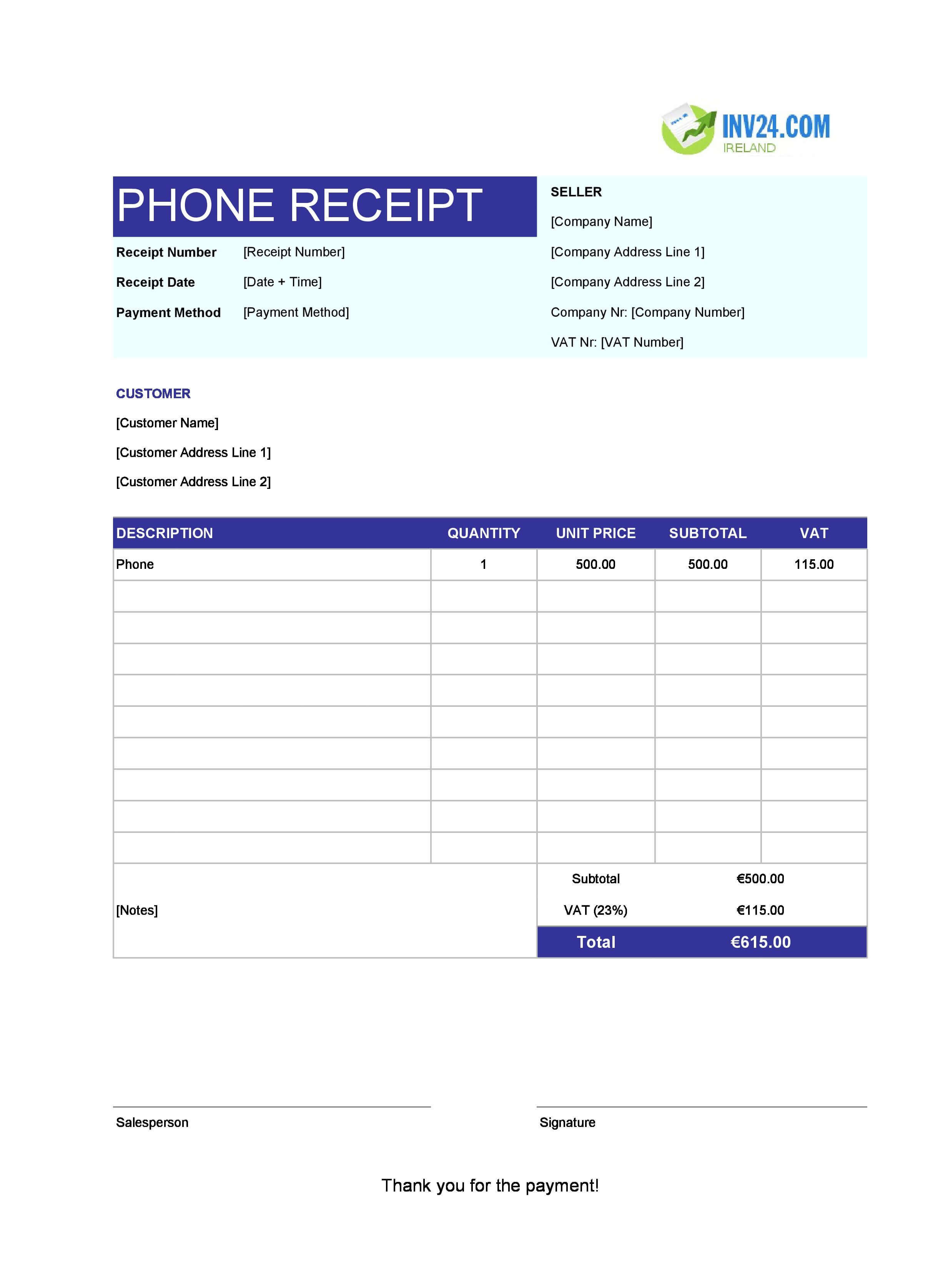 Phone Receipt Template for Ireland (Excel / Google Sheets)