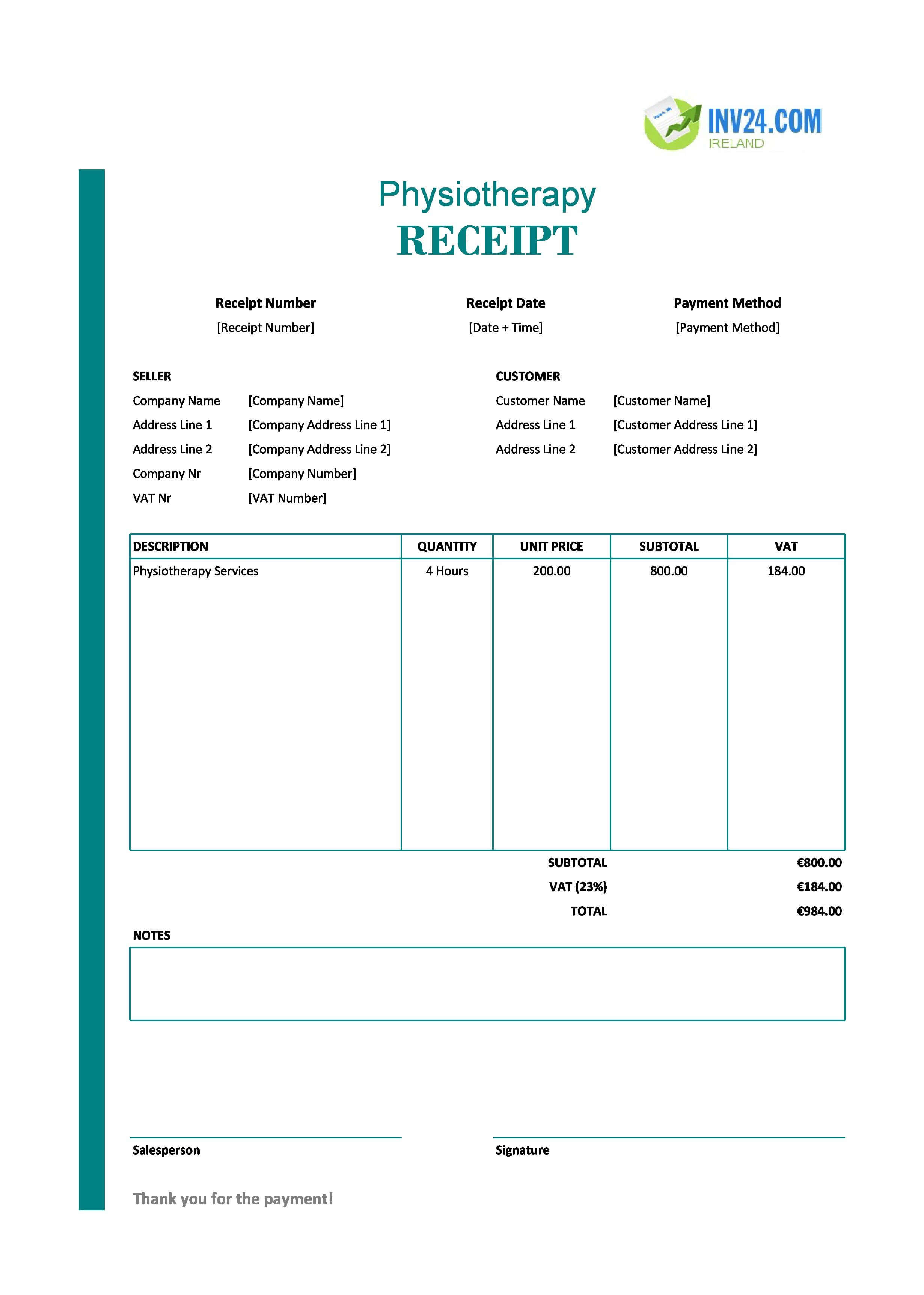 Physiotherapy Receipt Template for Ireland (Excel / Google Sheets)