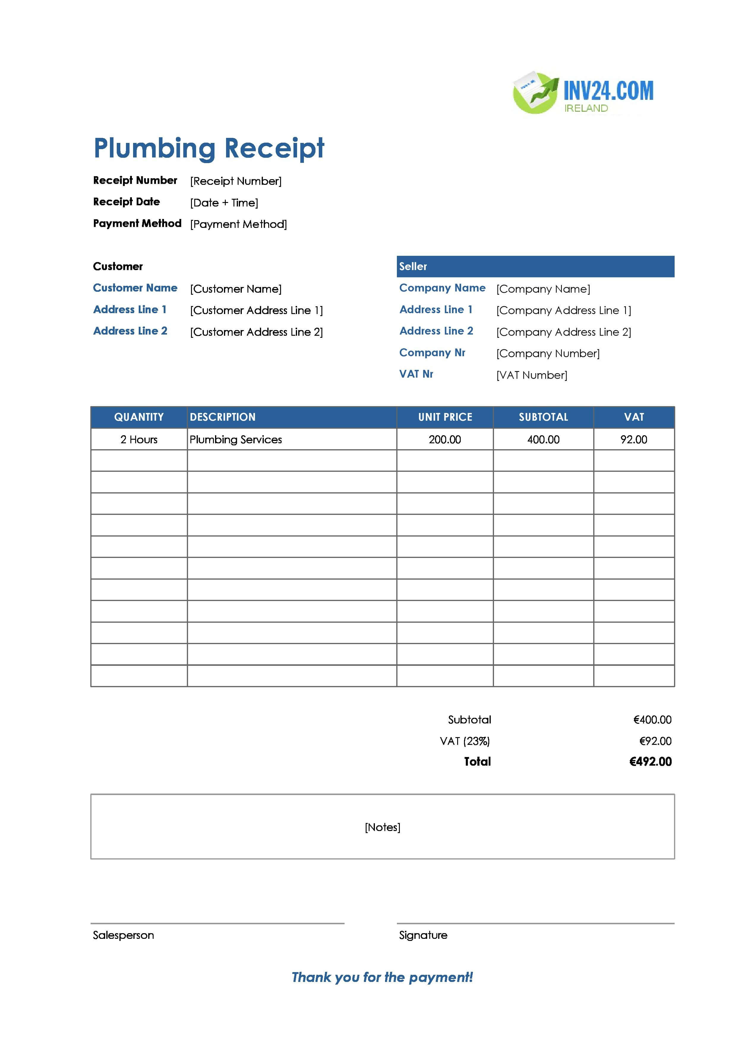 Plumbing Receipt Template for Ireland (Excel / Google Sheets)