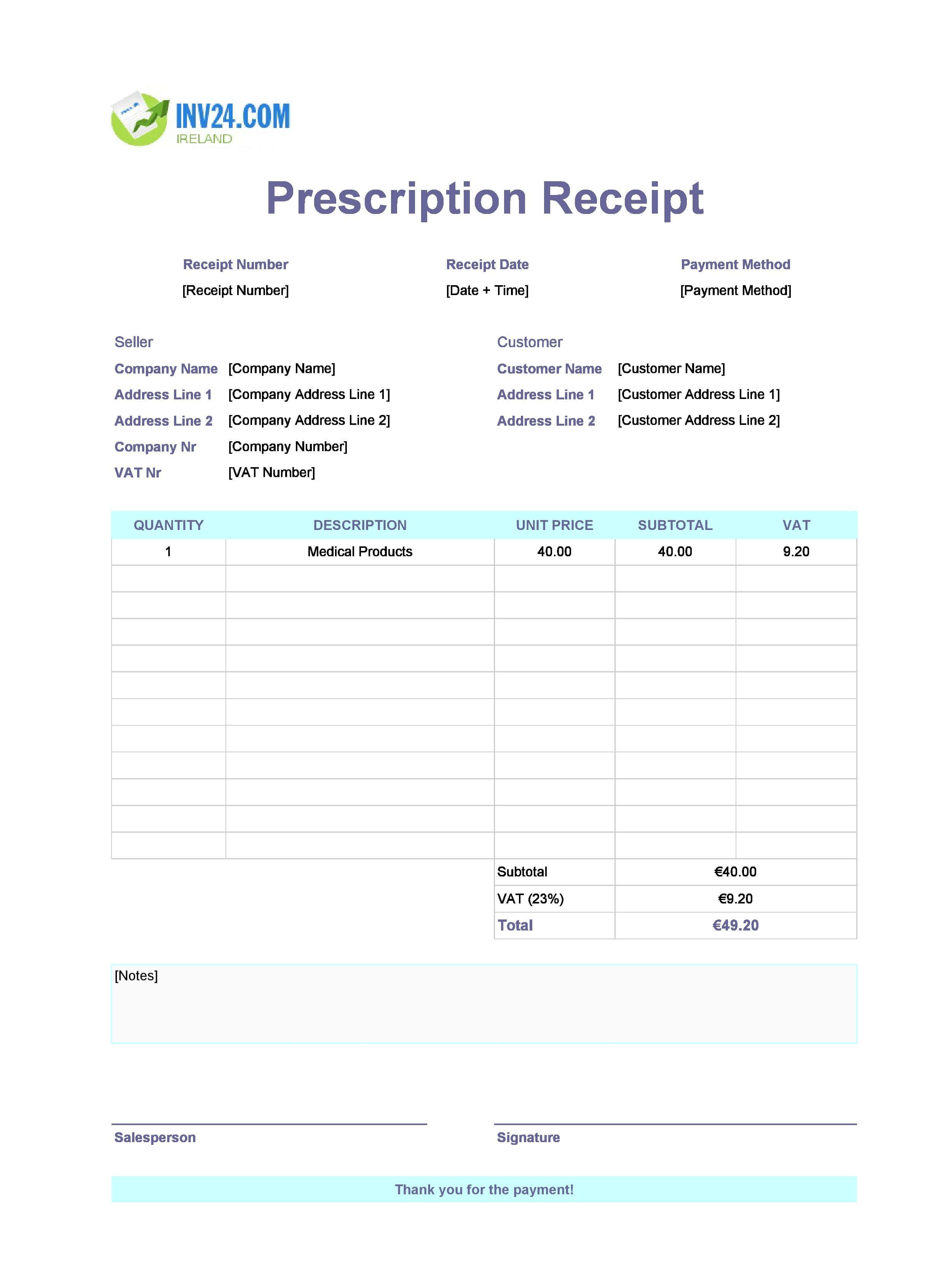 Prescription Receipt Template for Ireland (Excel / Google Sheets)
