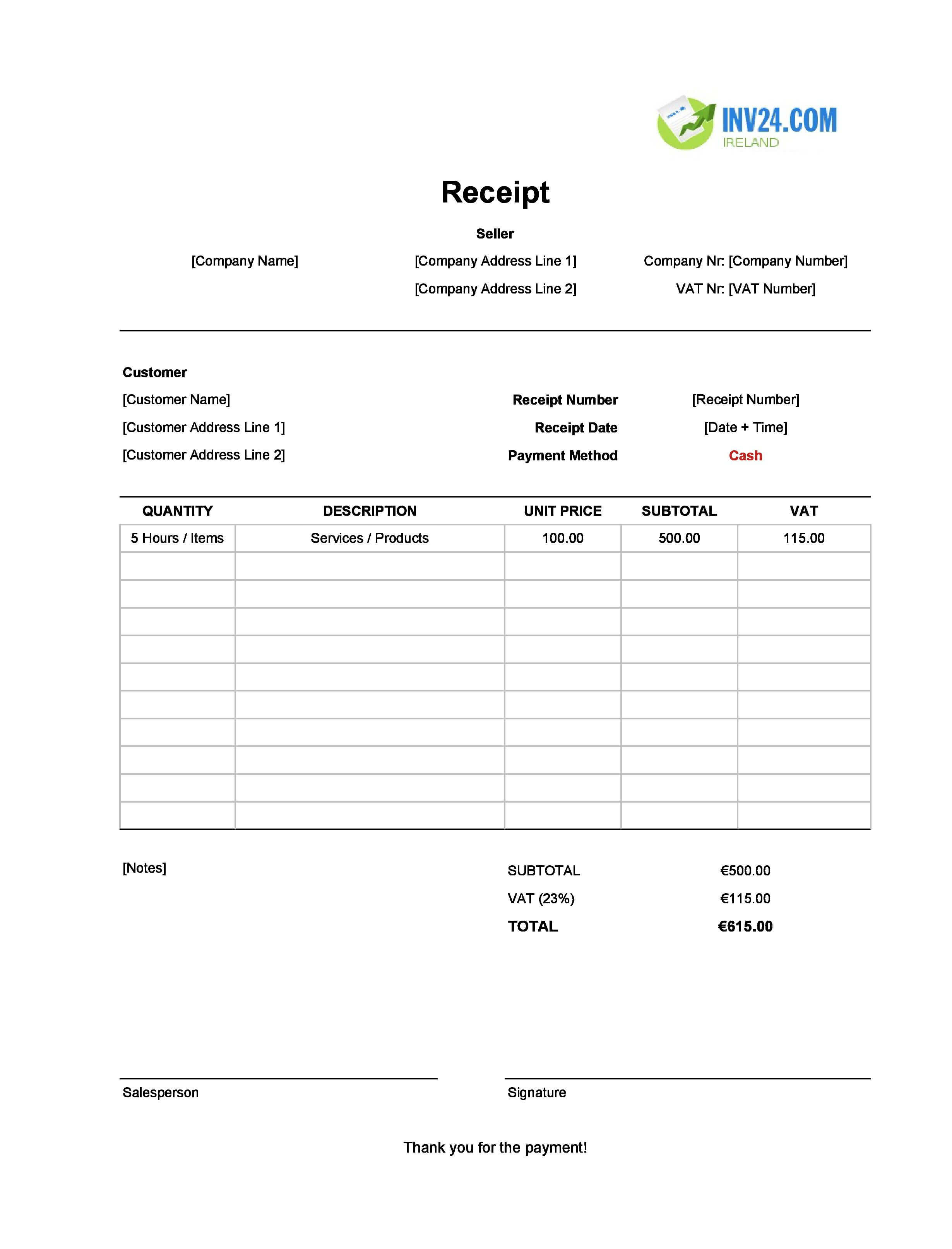 Printable Cash Receipt Template for Ireland (Excel / Google Sheets)