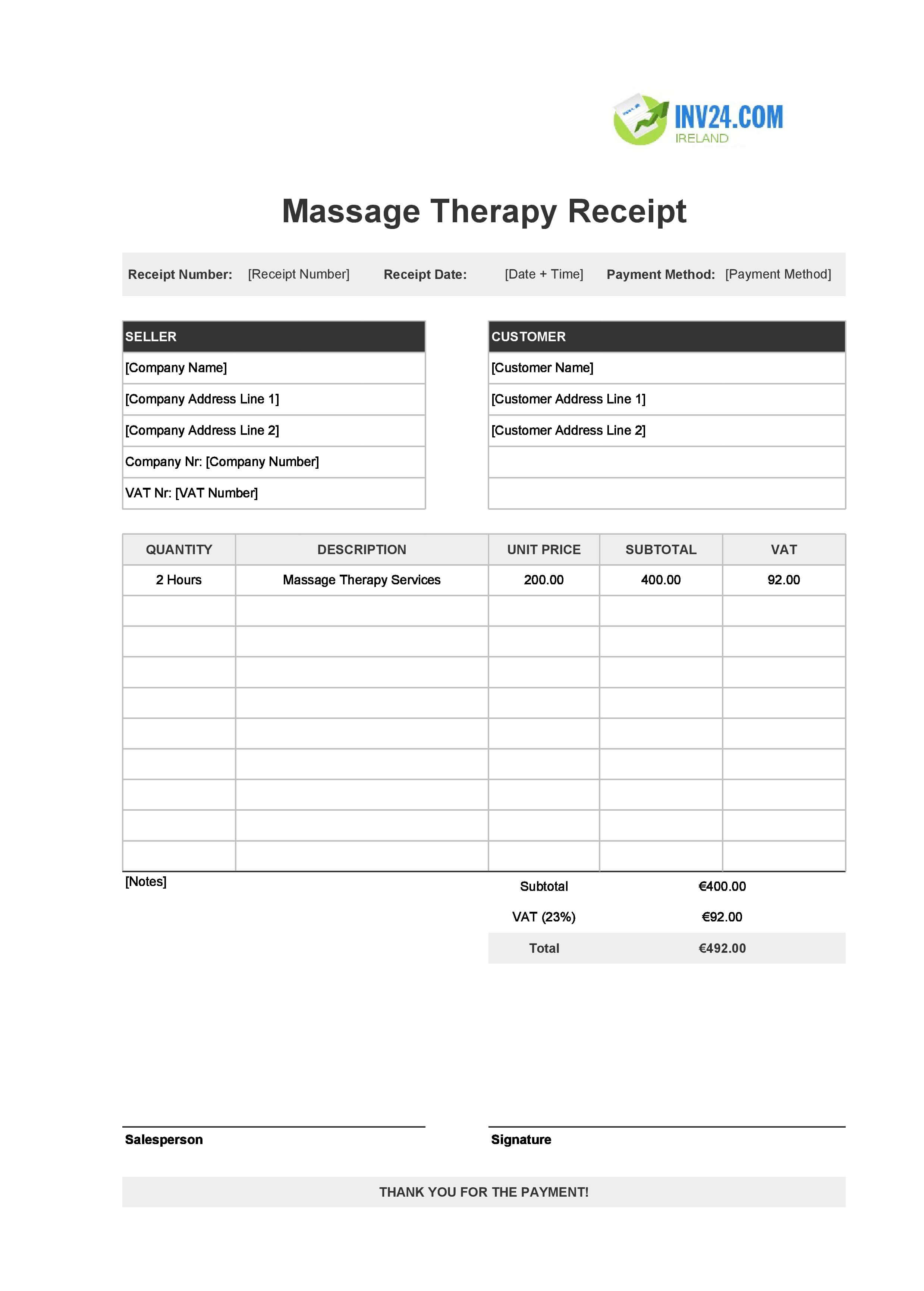 Printable Massage Therapy Receipt Template for Ireland (Excel / Google Sheets)