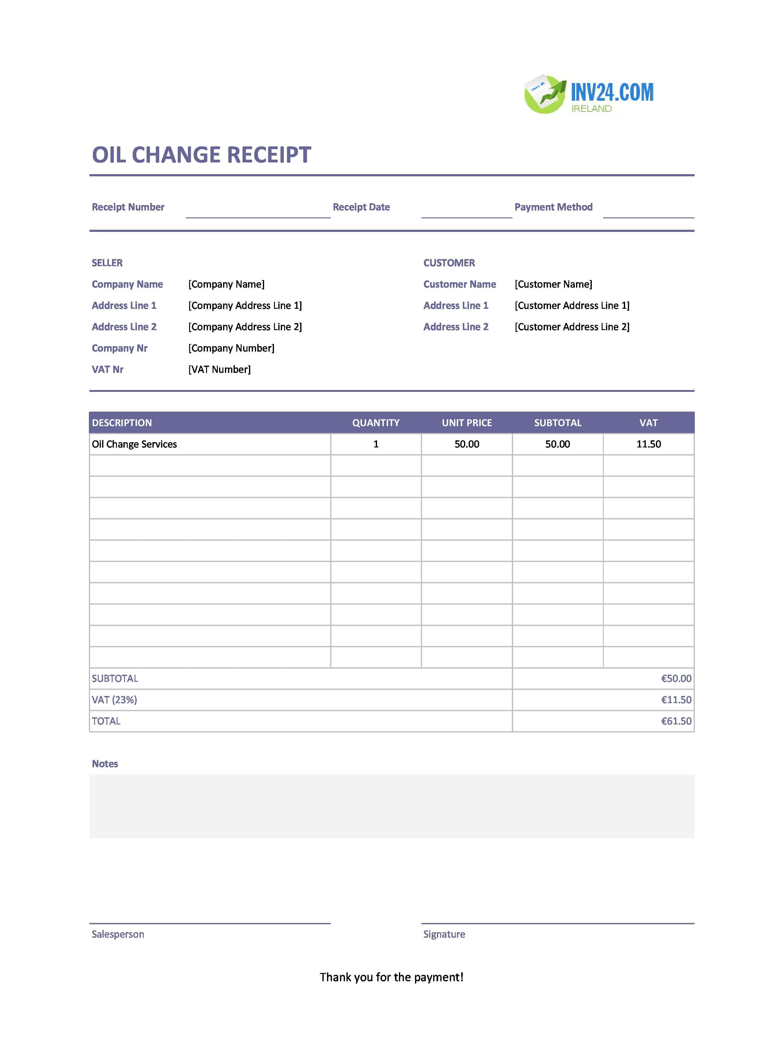 Printable Oil Change Receipt Template for Ireland (Excel / Google Sheets)
