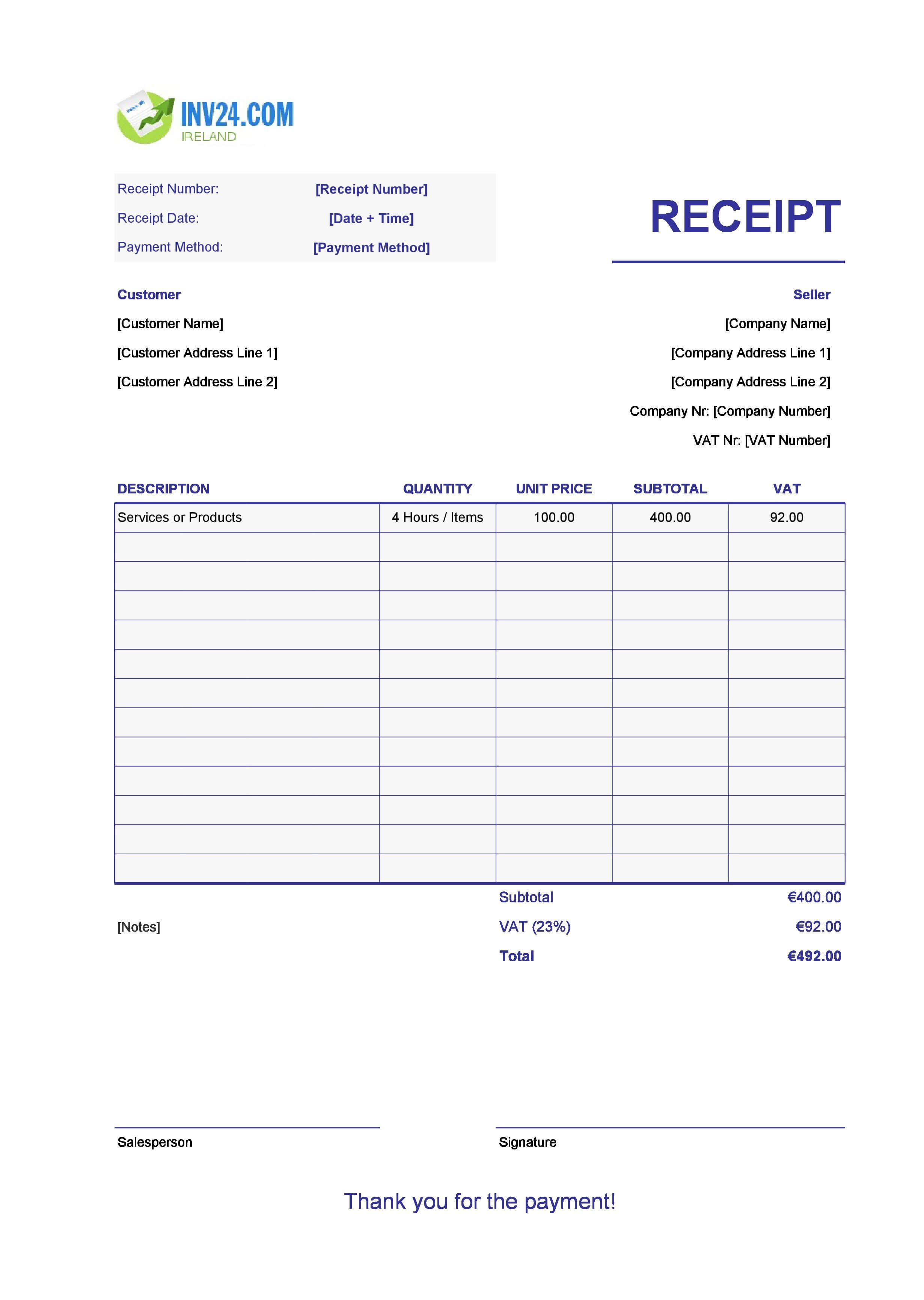 Printable Payment Receipt Template for Ireland (Excel / Google Sheets)