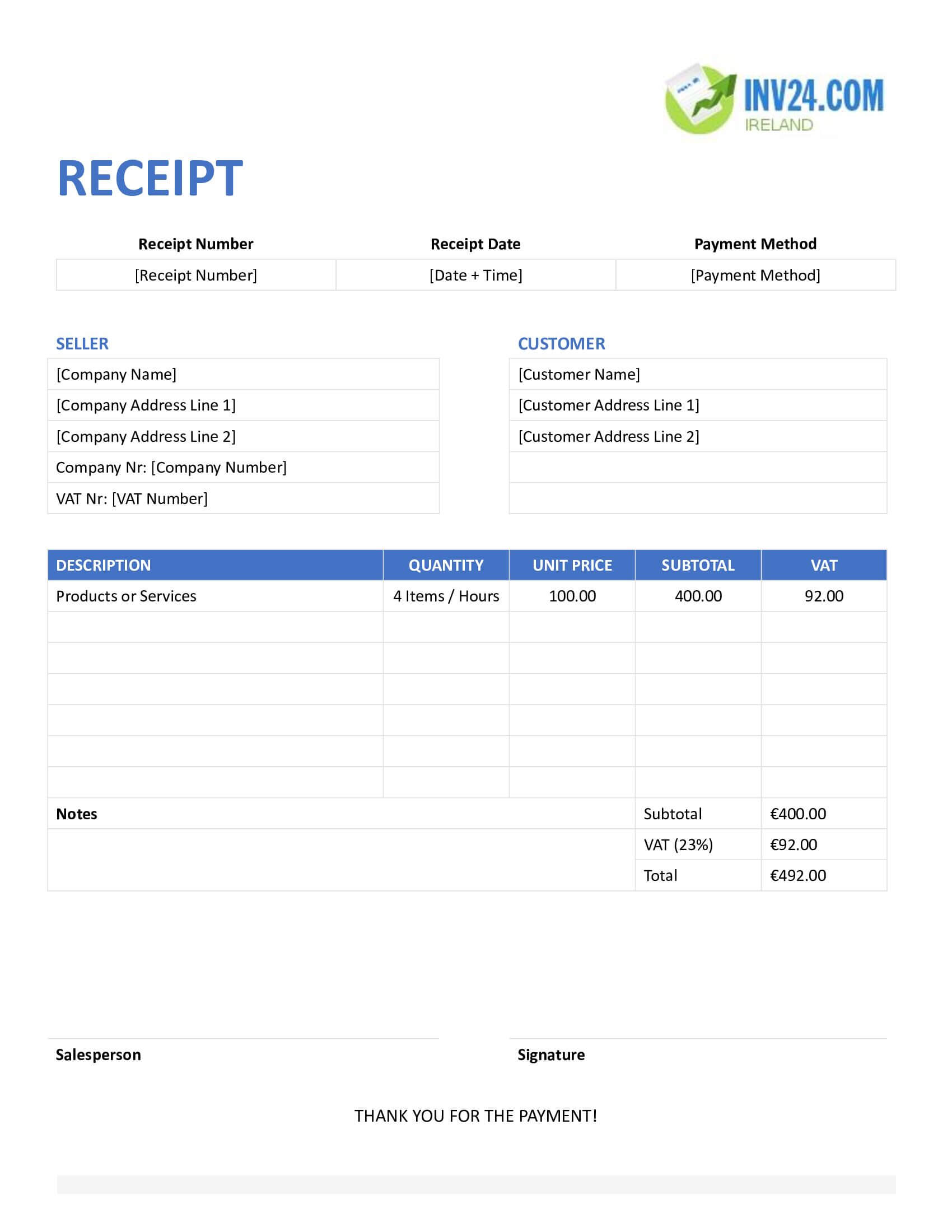 Printable Receipt Template for Ireland (Word / Google Docs)