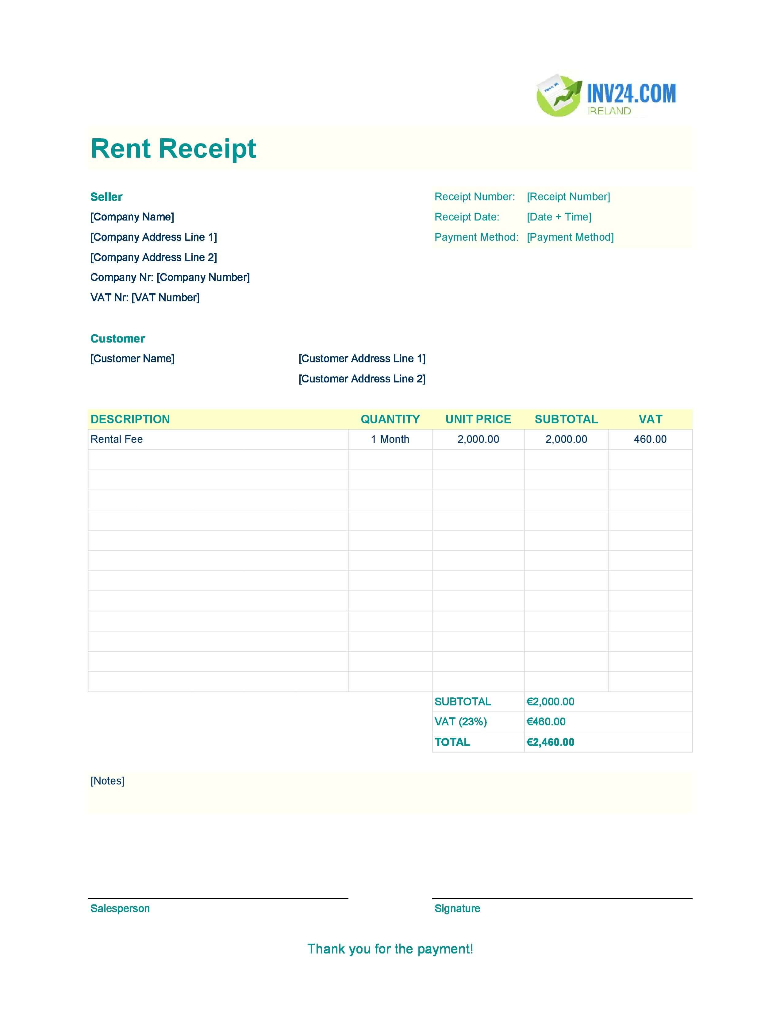 Printable Rent Receipt Template for Ireland (Excel / Google Sheets)