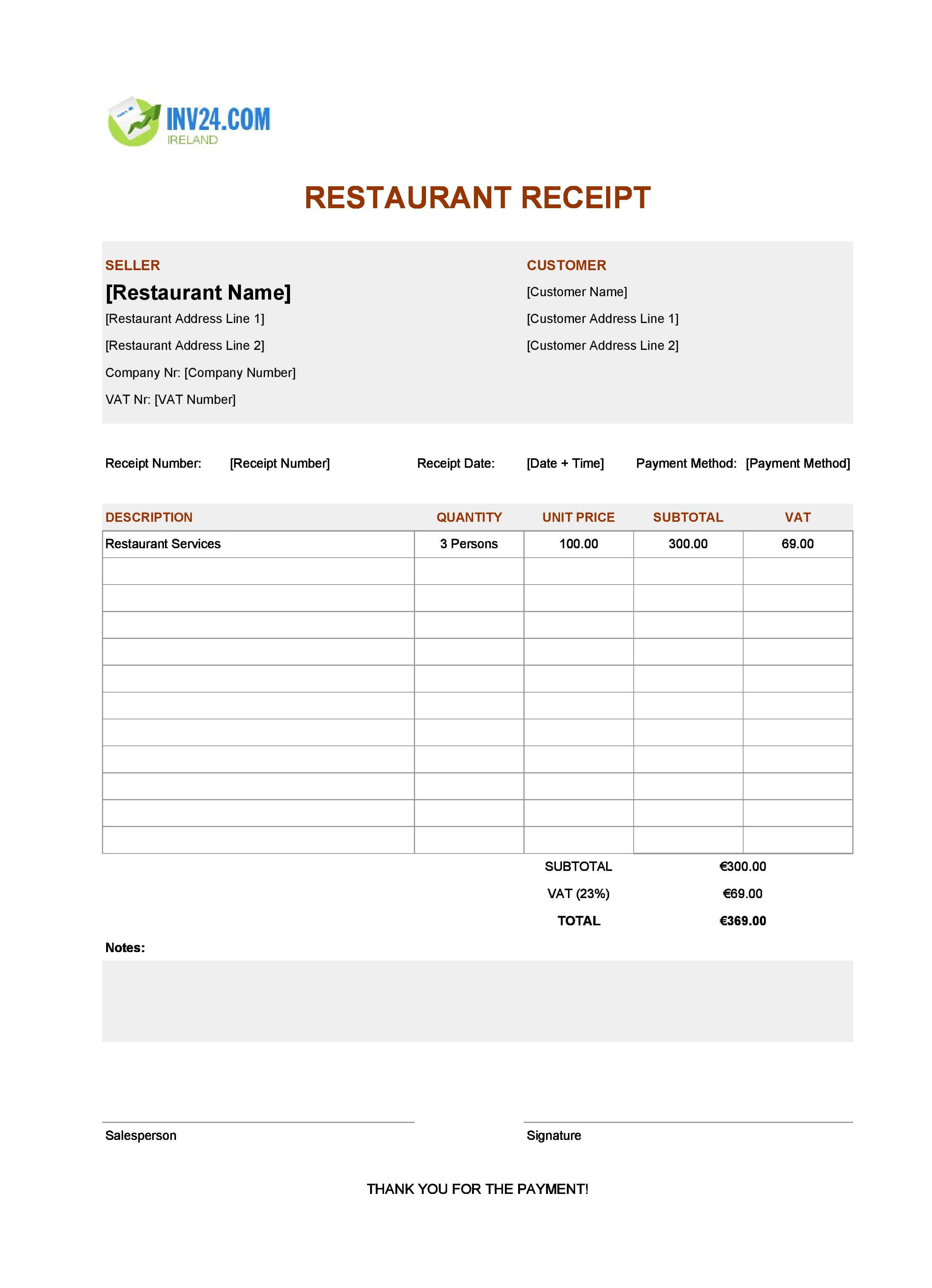Printable Restaurant Receipt Template for Ireland (Excel / Google Sheets)