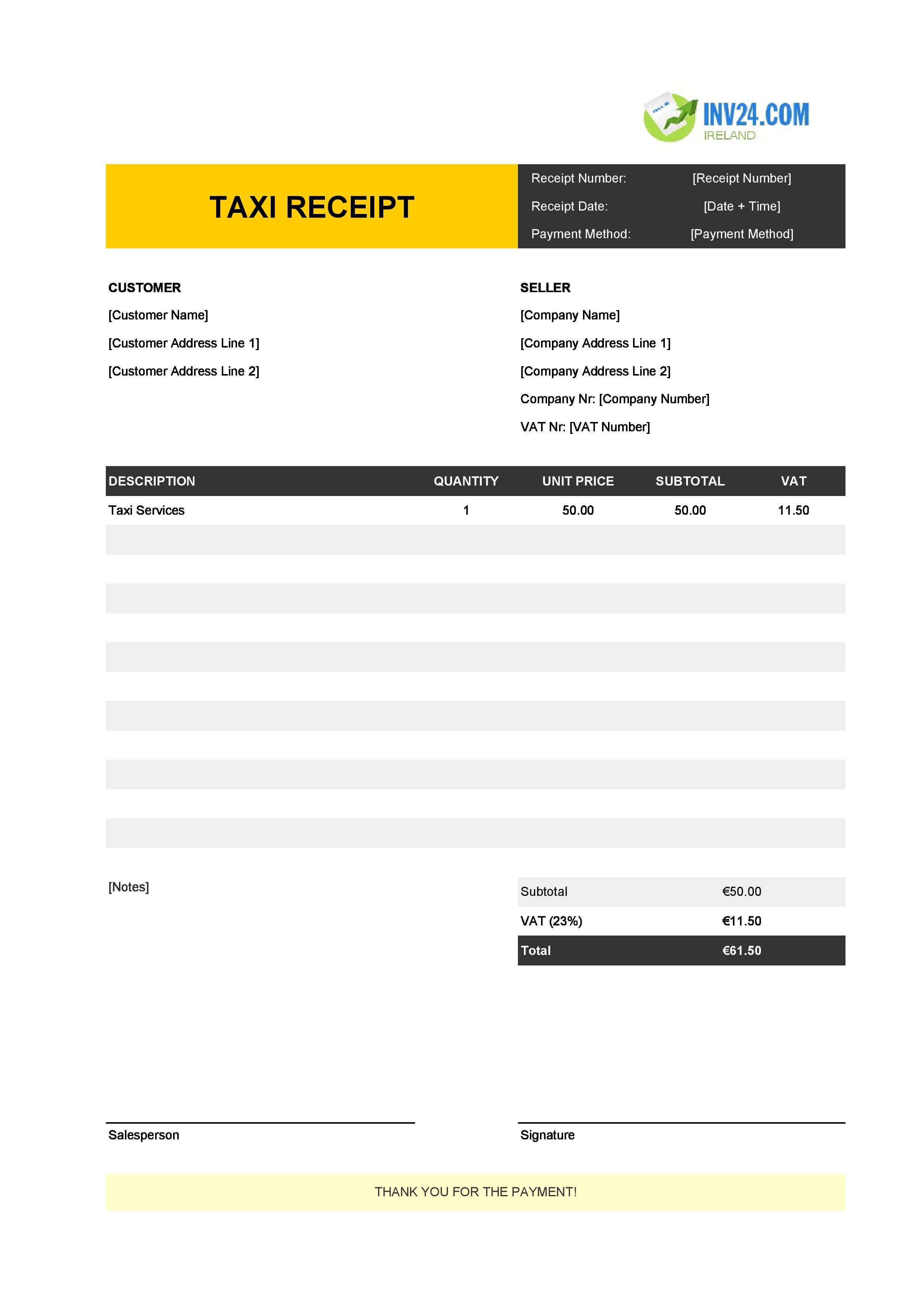 Printable Taxi Receipt Template for Ireland (Excel / Google Sheets)