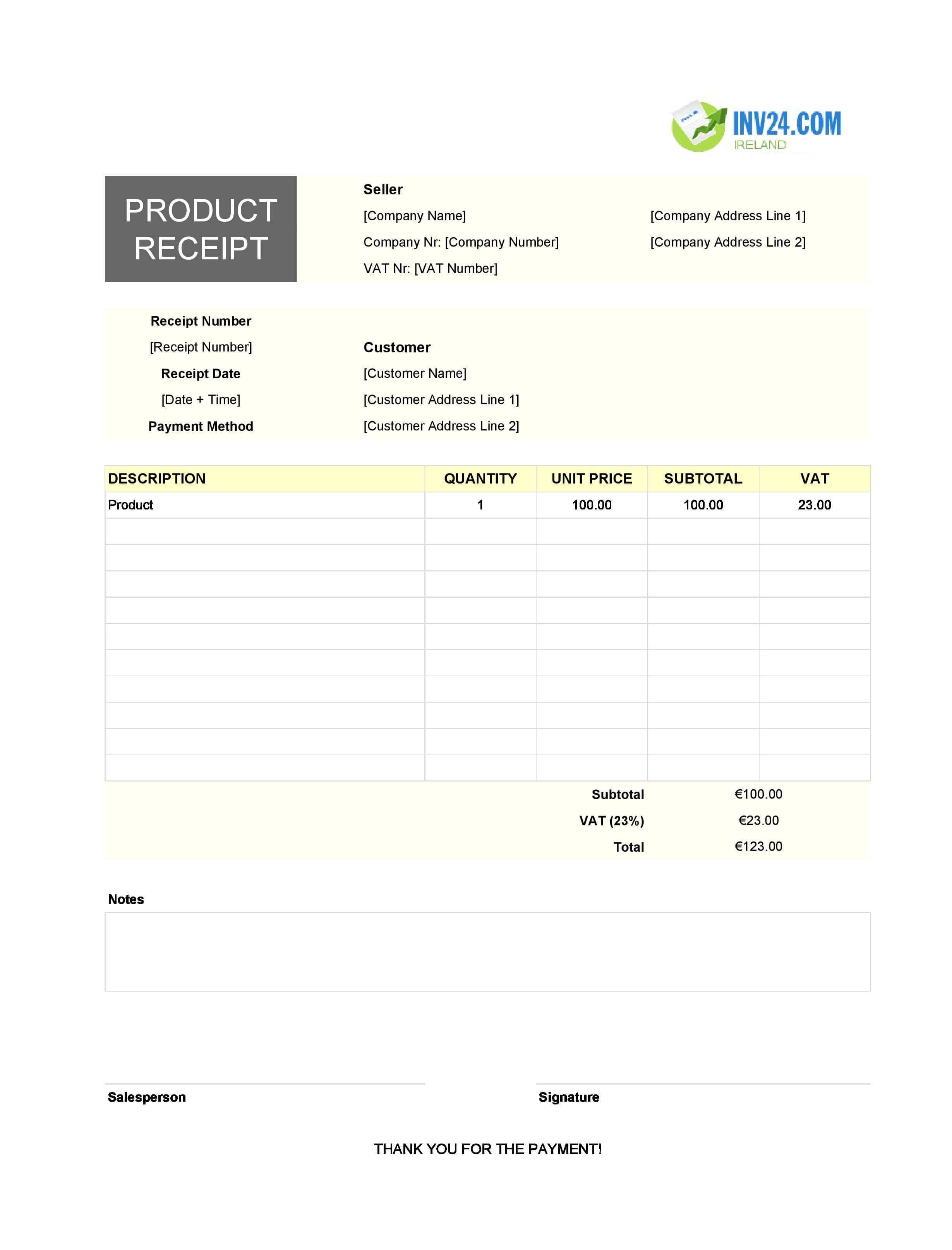 Product Receipt Template for Ireland (Excel / Google Sheets)