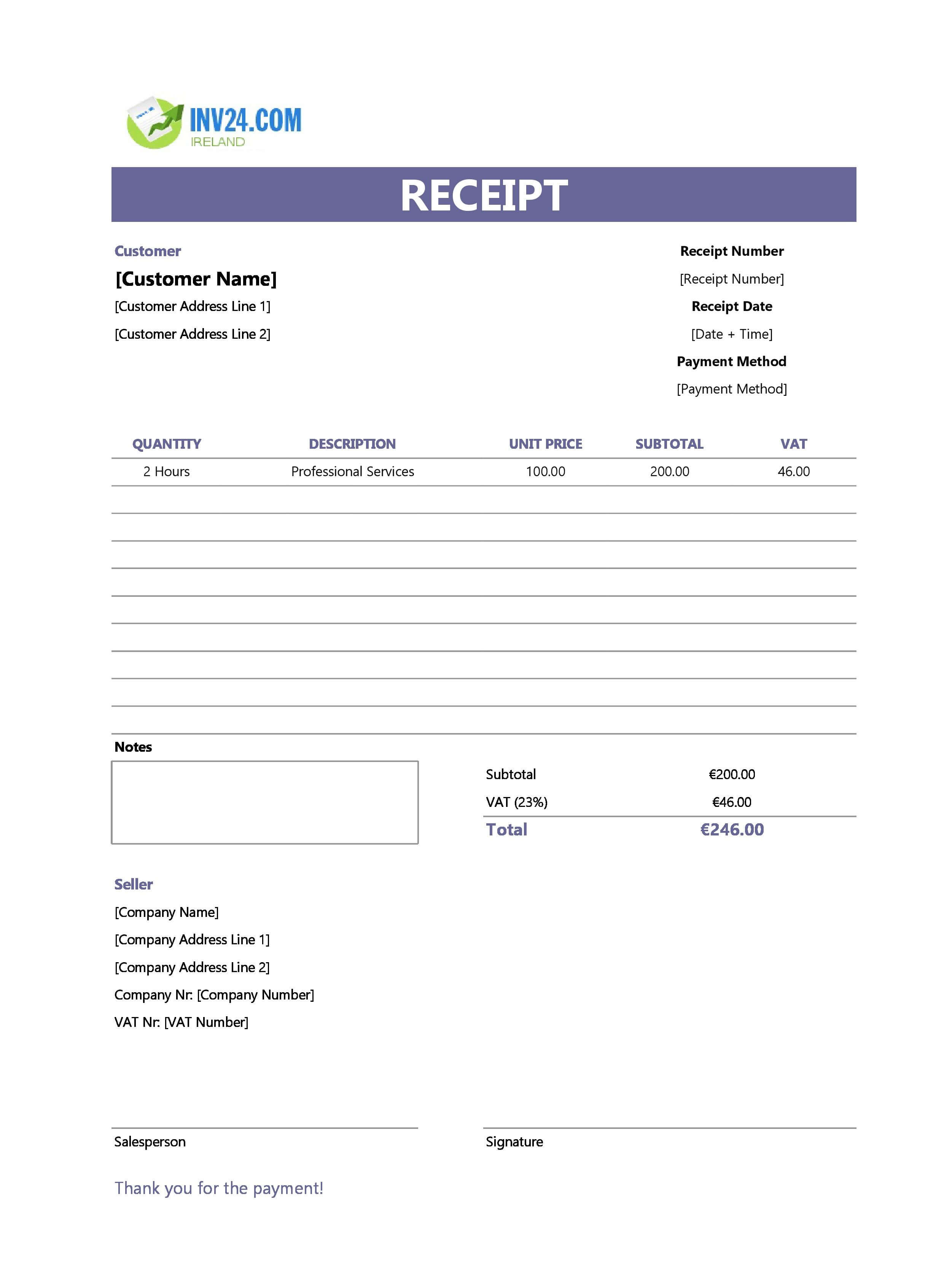 Professional Receipt Template for Ireland (Excel / Google Sheets)