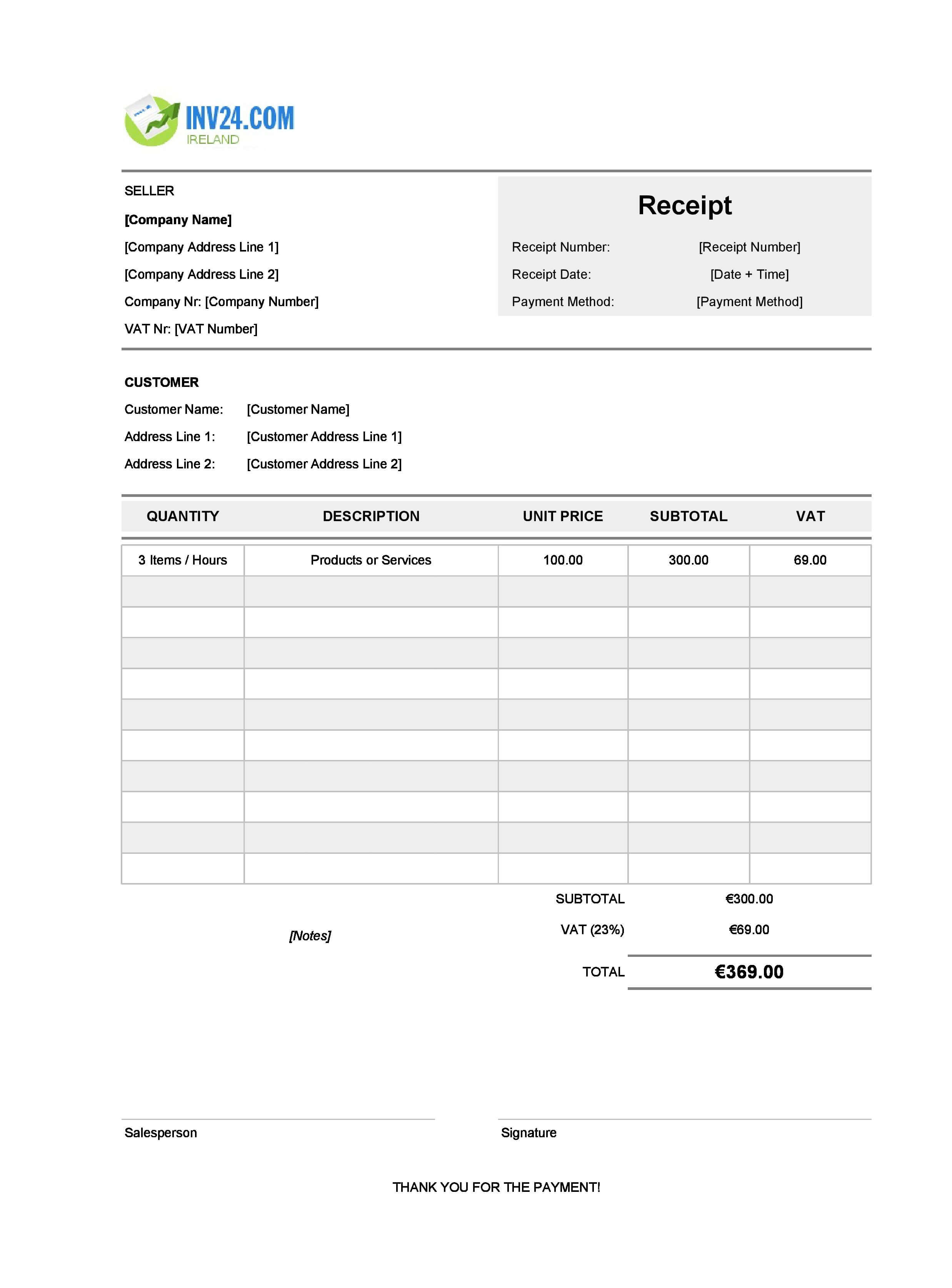 Proof of Payment Receipt Template for Ireland (Excel / Google Sheets)