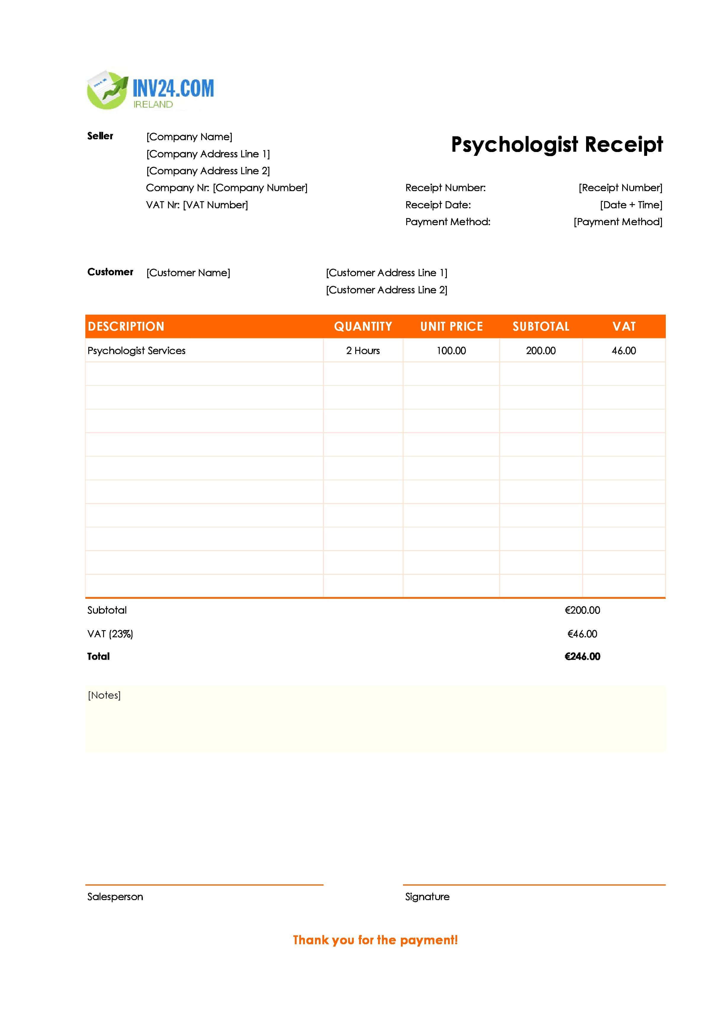 Psychologist Receipt Template for Ireland (Excel / Google Sheets)
