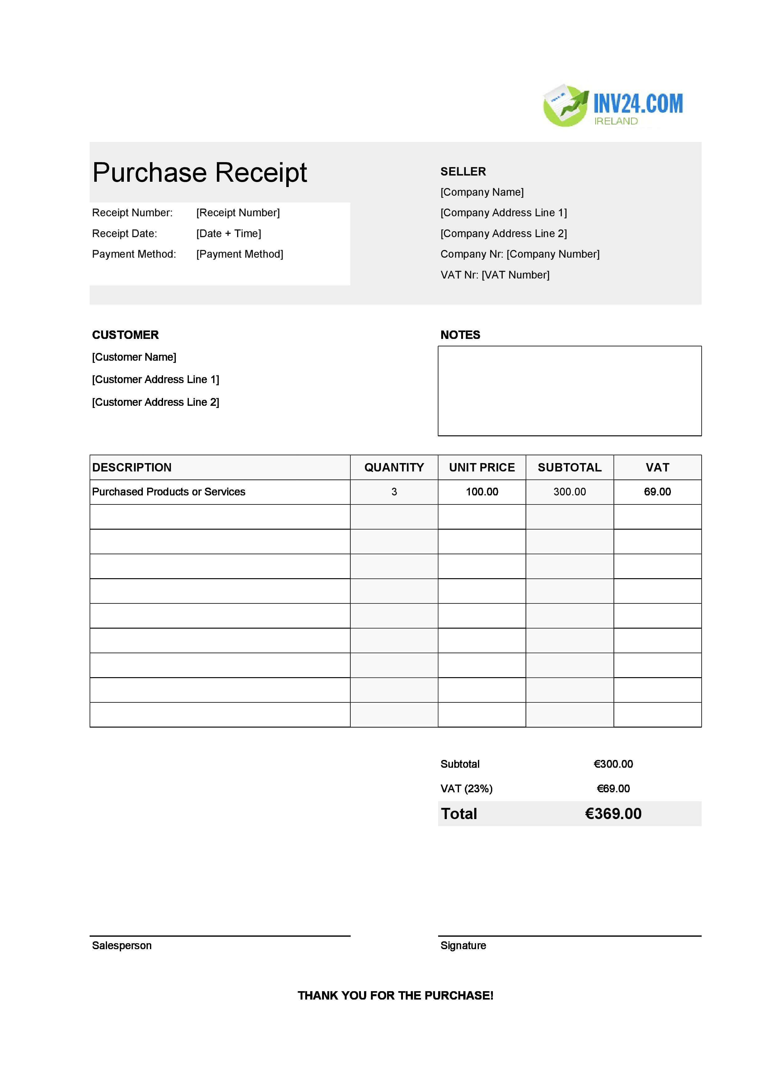Purchase Receipt Template for Ireland (Excel / Google Sheets)