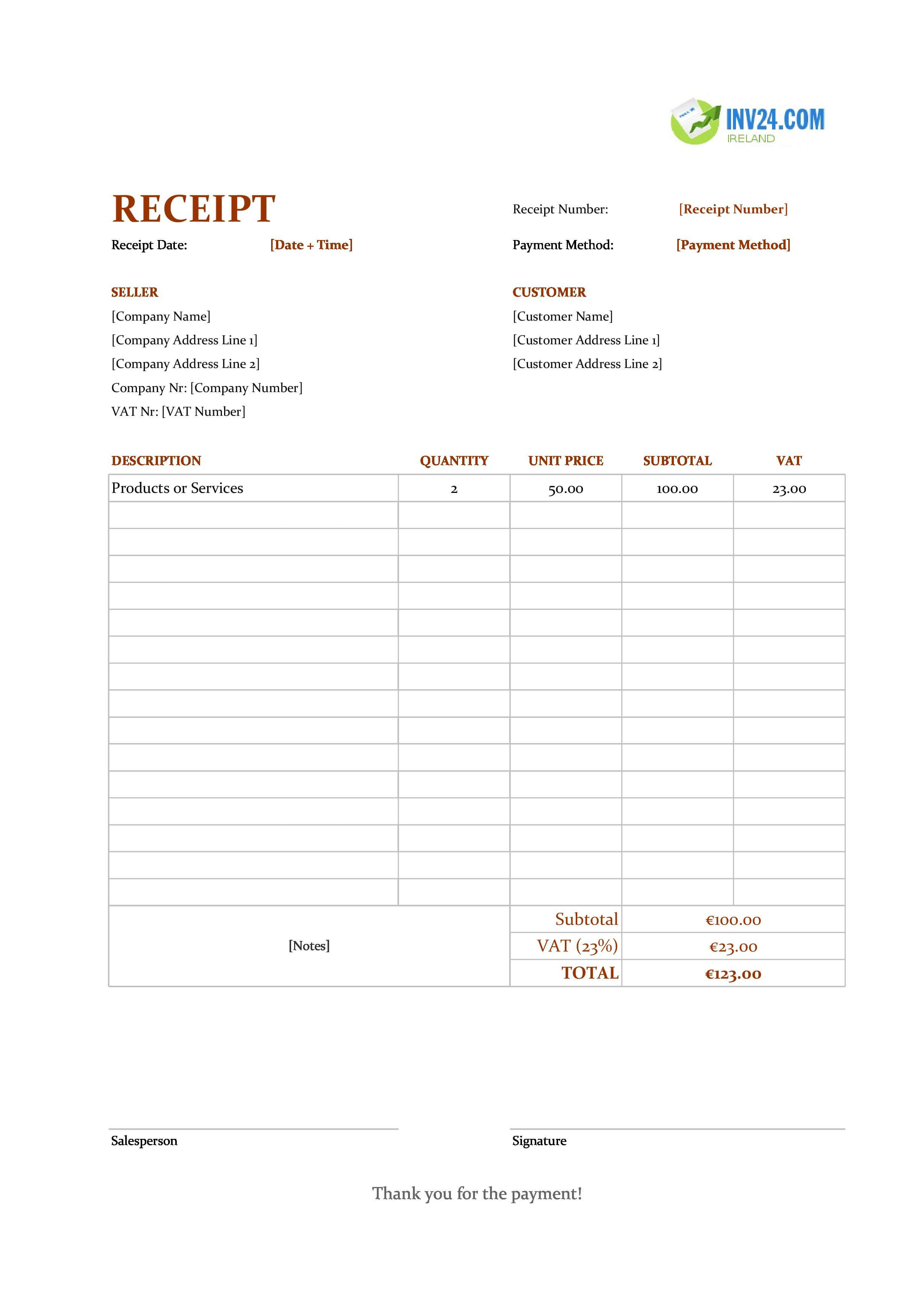 Receipt Example Template for Ireland (Excel / Google Sheets)
