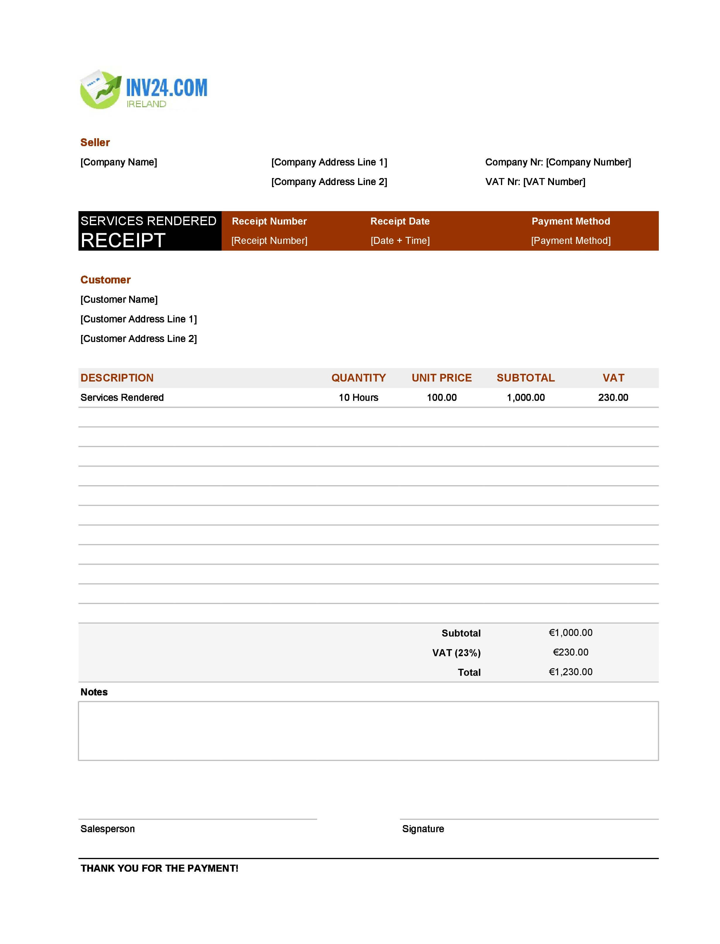 Receipt for Services Rendered Template for Ireland (Excel / Google Sheets)