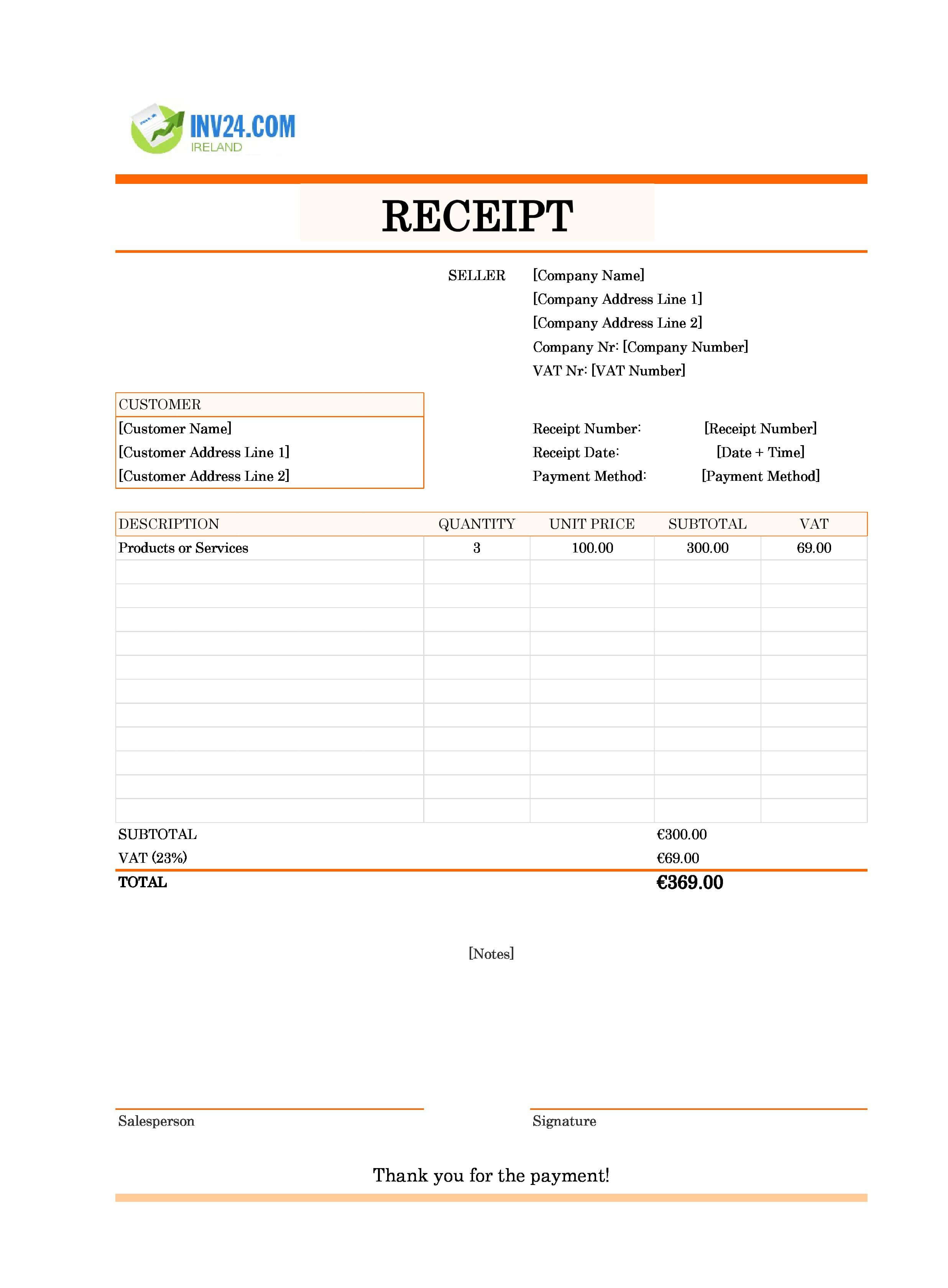 Receipt Format Template for Ireland (Excel / Google Sheets)