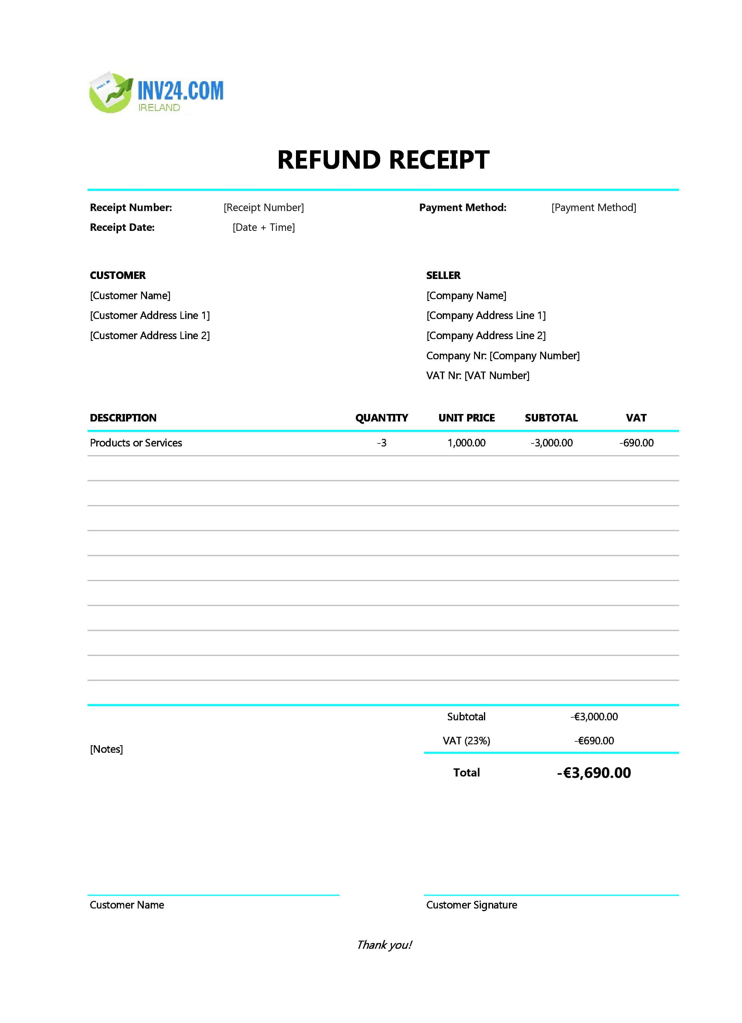 Refund Receipt Template for Ireland (Excel / Google Sheets)