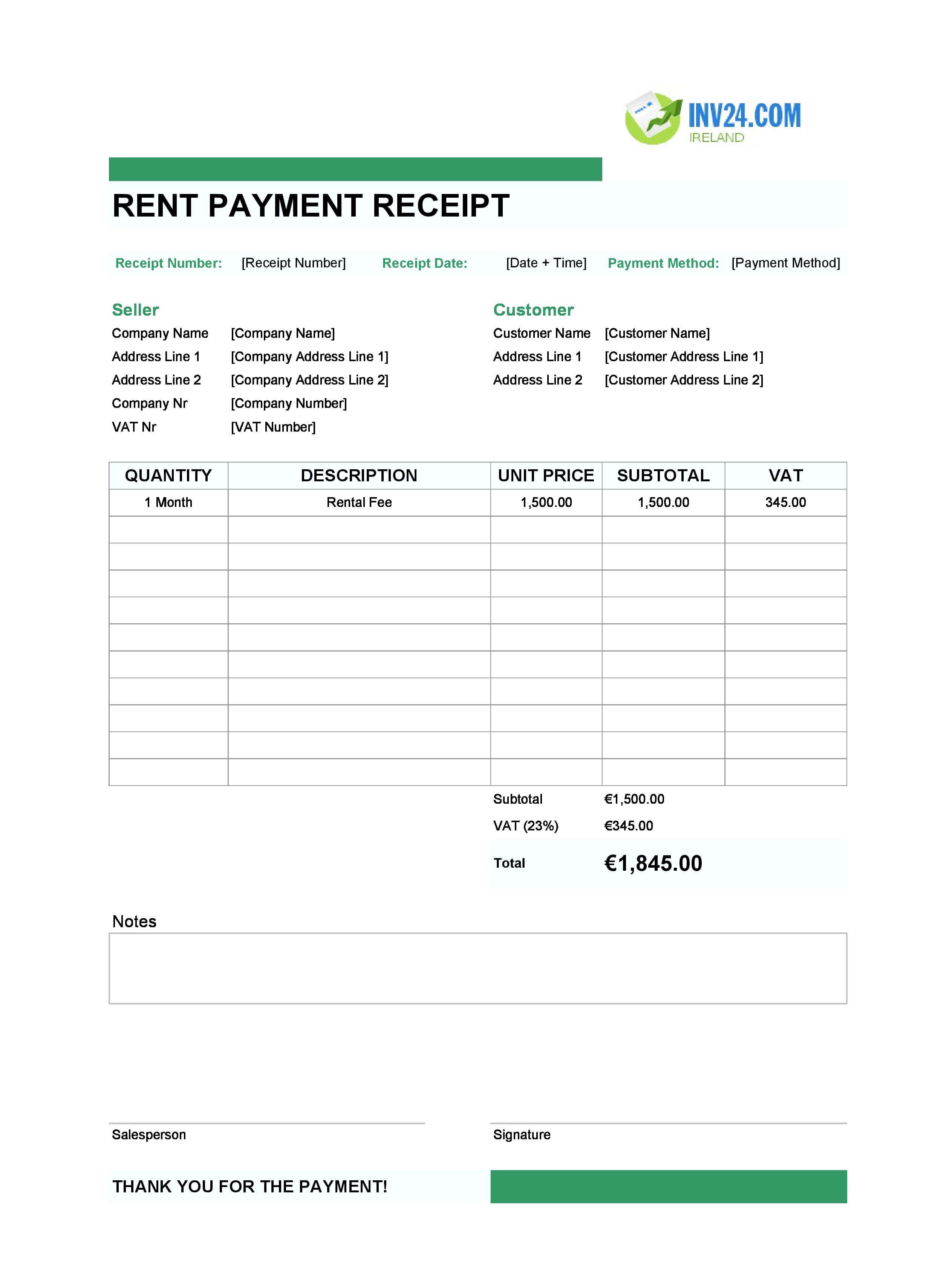 Rent Payment Receipt Template for Ireland (Excel / Google Sheets)