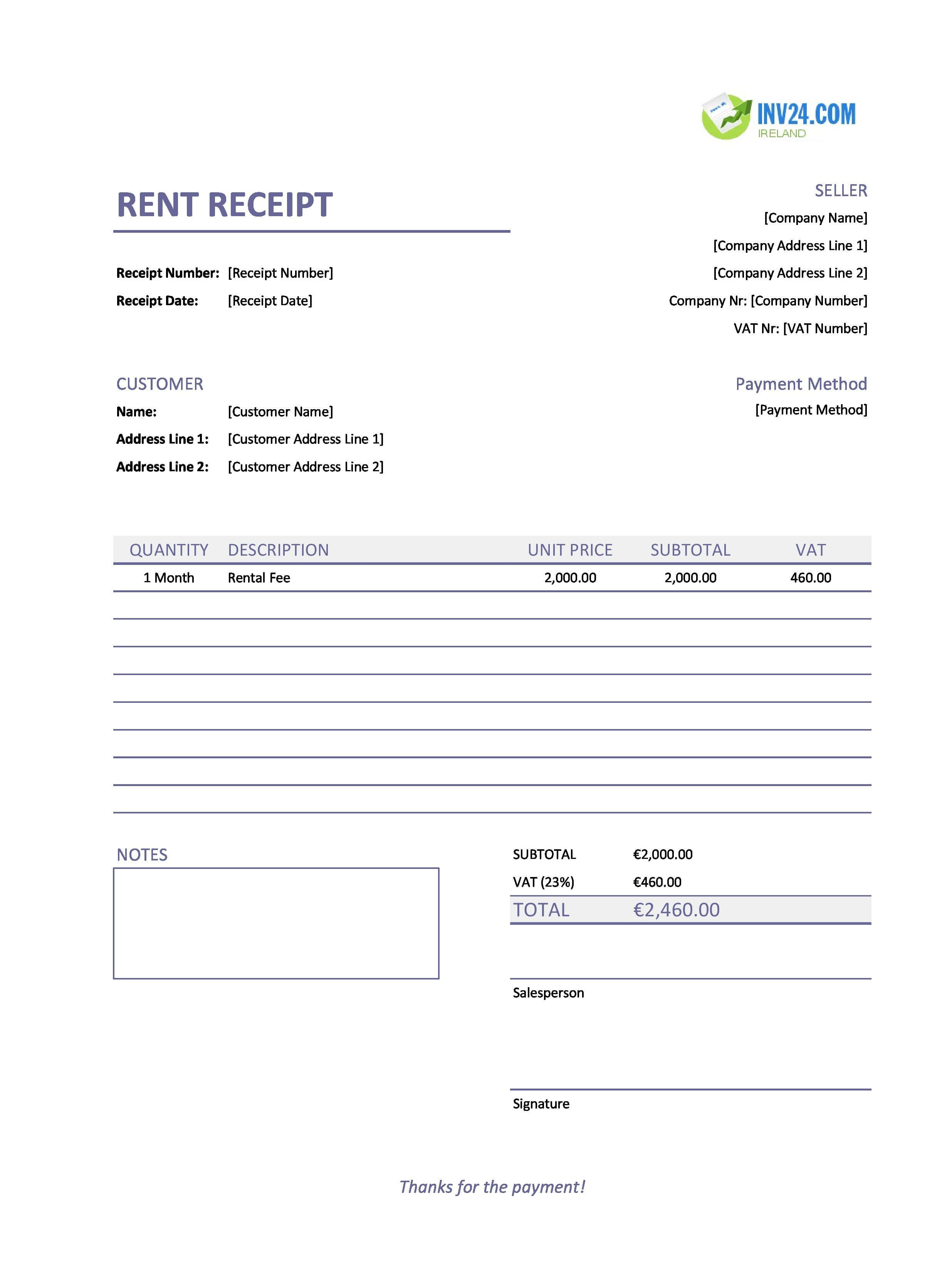 Rent Receipt Template for Ireland (Excel / Google Sheets)