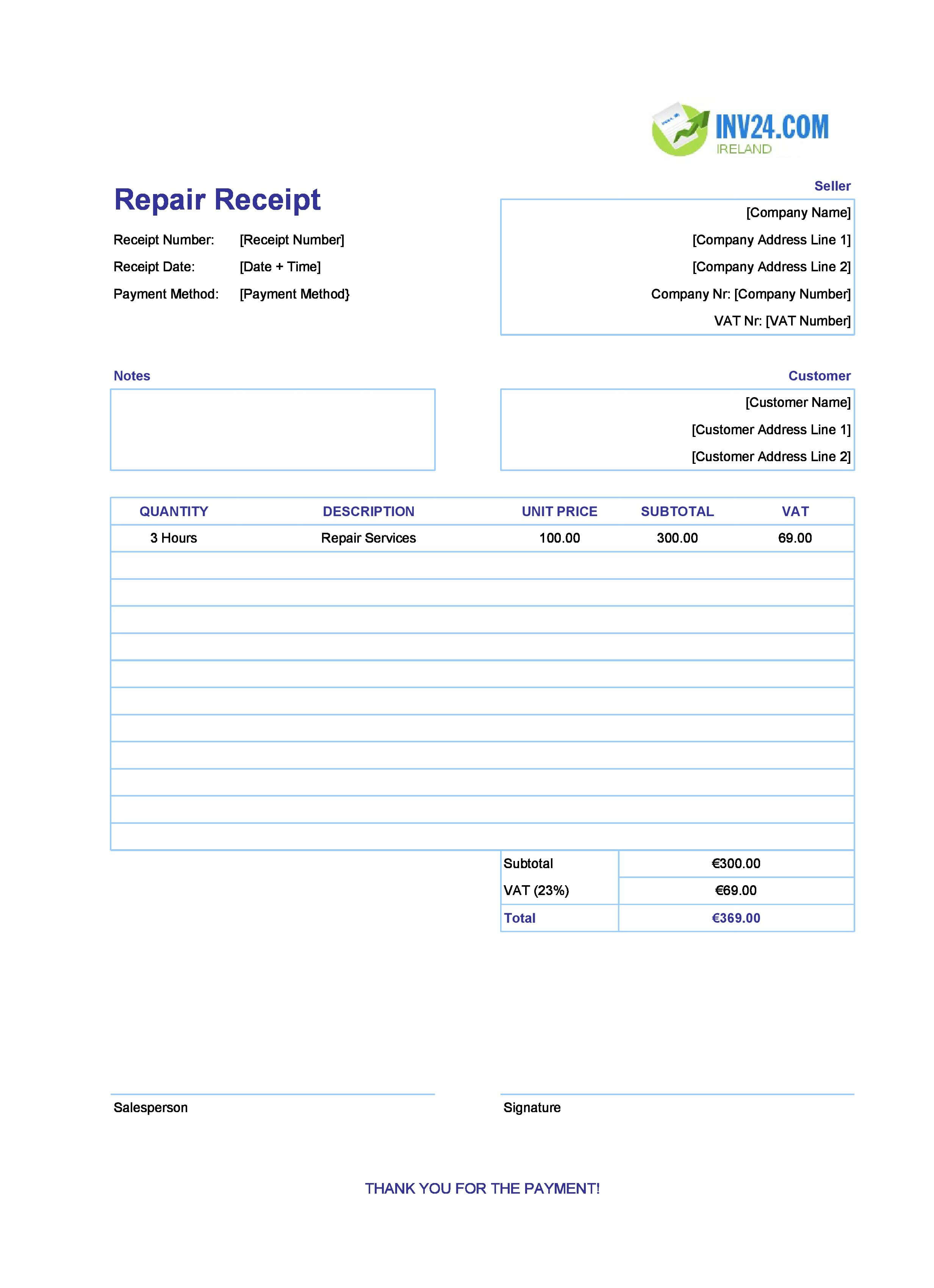 Repair Receipt Template for Ireland (Excel / Google Sheets)