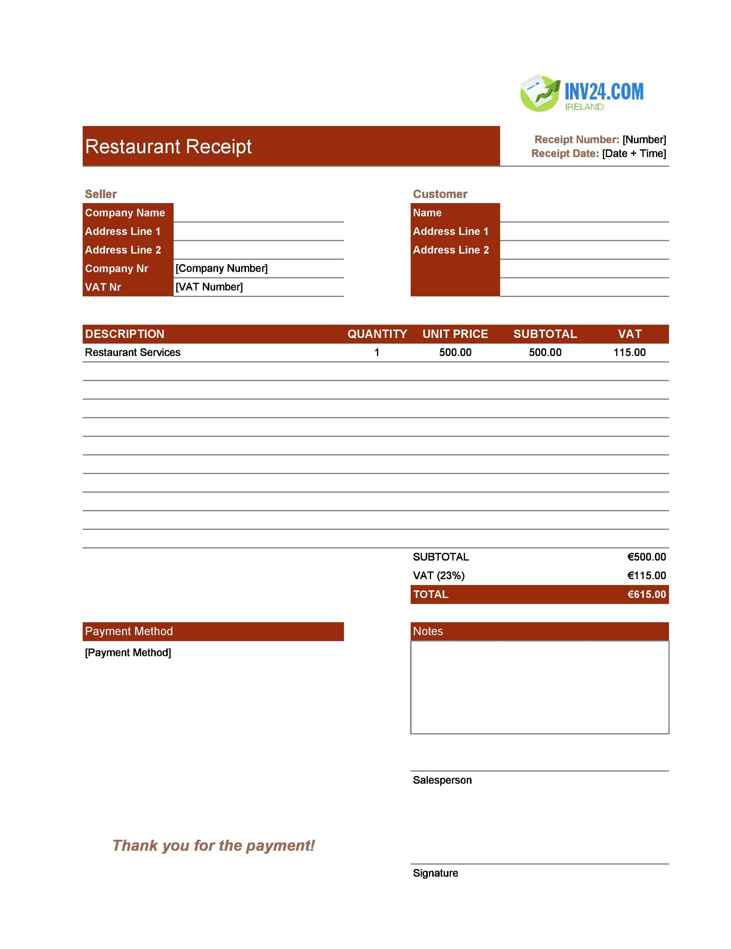 Restaurant Receipt Template for Ireland (Excel / Google Sheets)