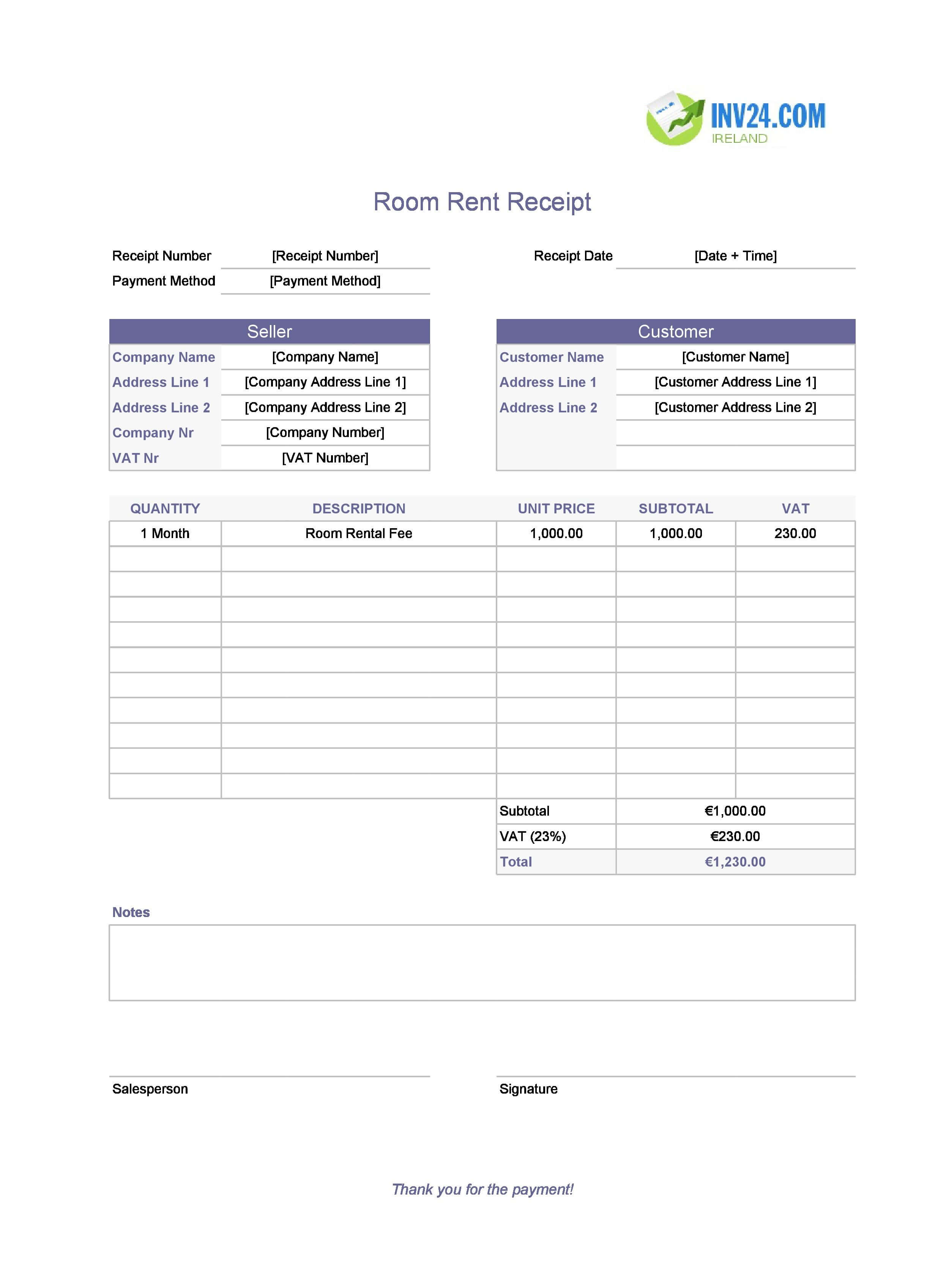 Room Rent Receipt Template for Ireland (Excel / Google Sheets)