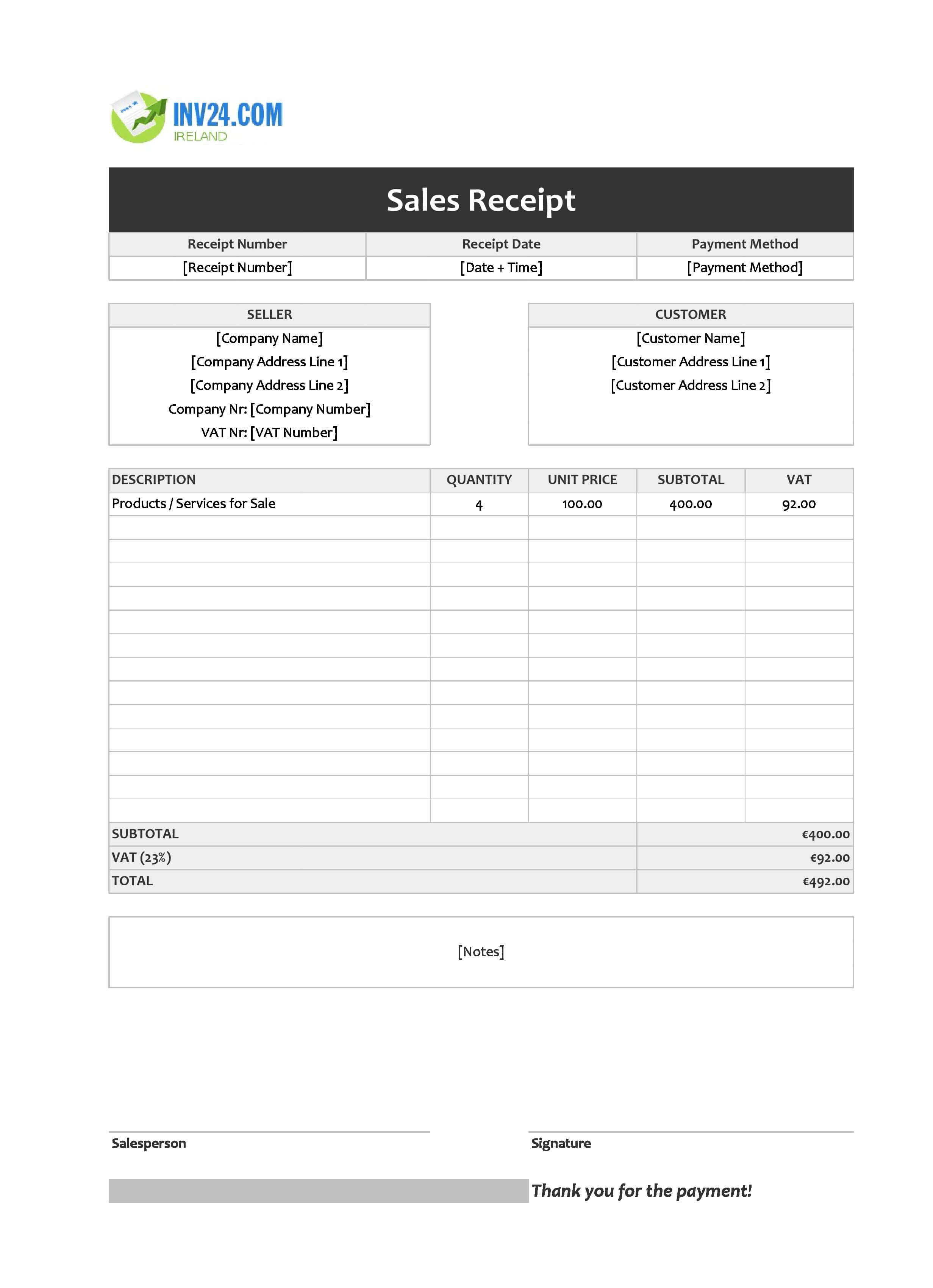 Sales Receipt Template for Ireland (Excel / Google Sheets)