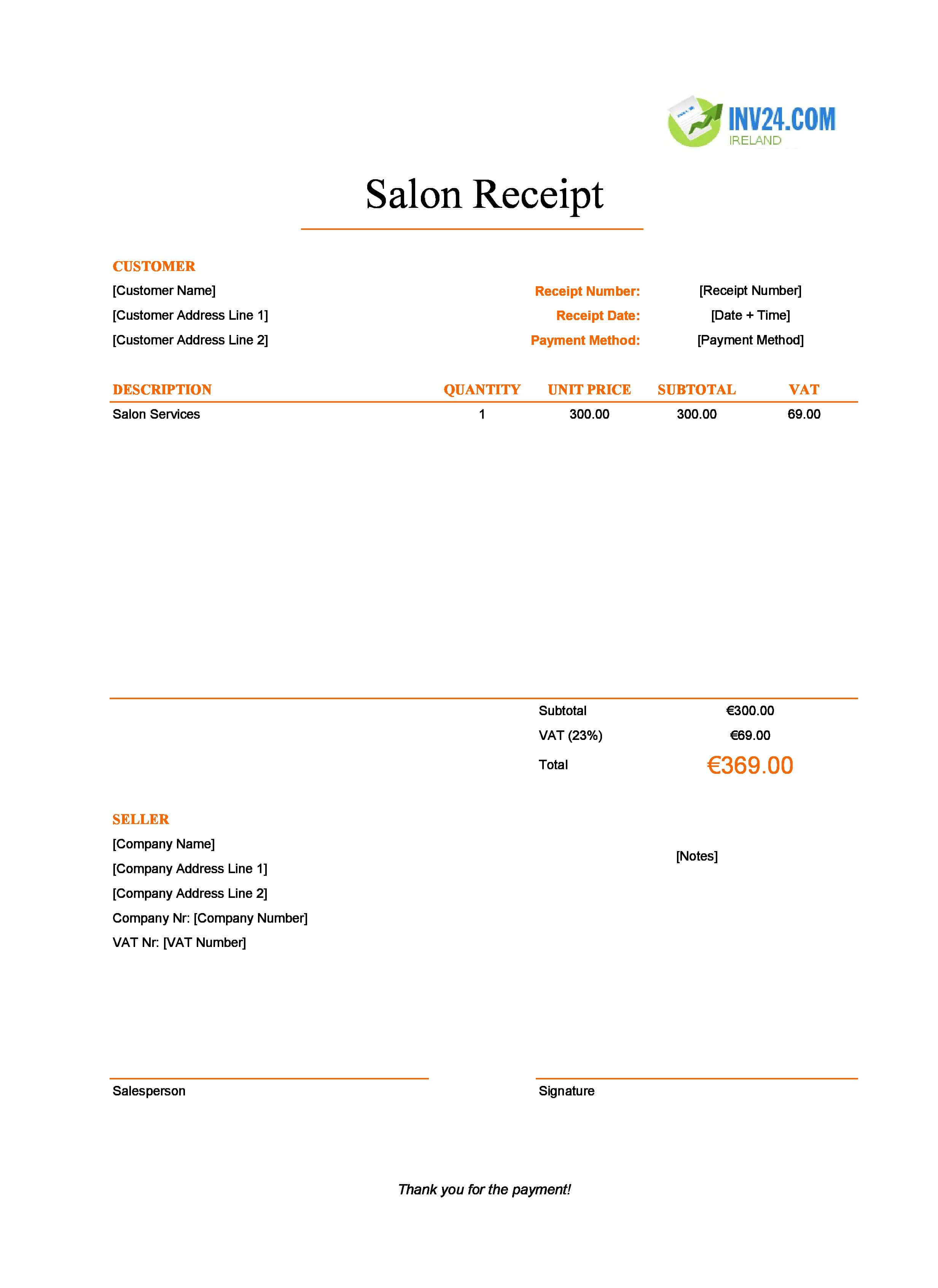 Salon Receipt Template for Ireland (Excel / Google Sheets)