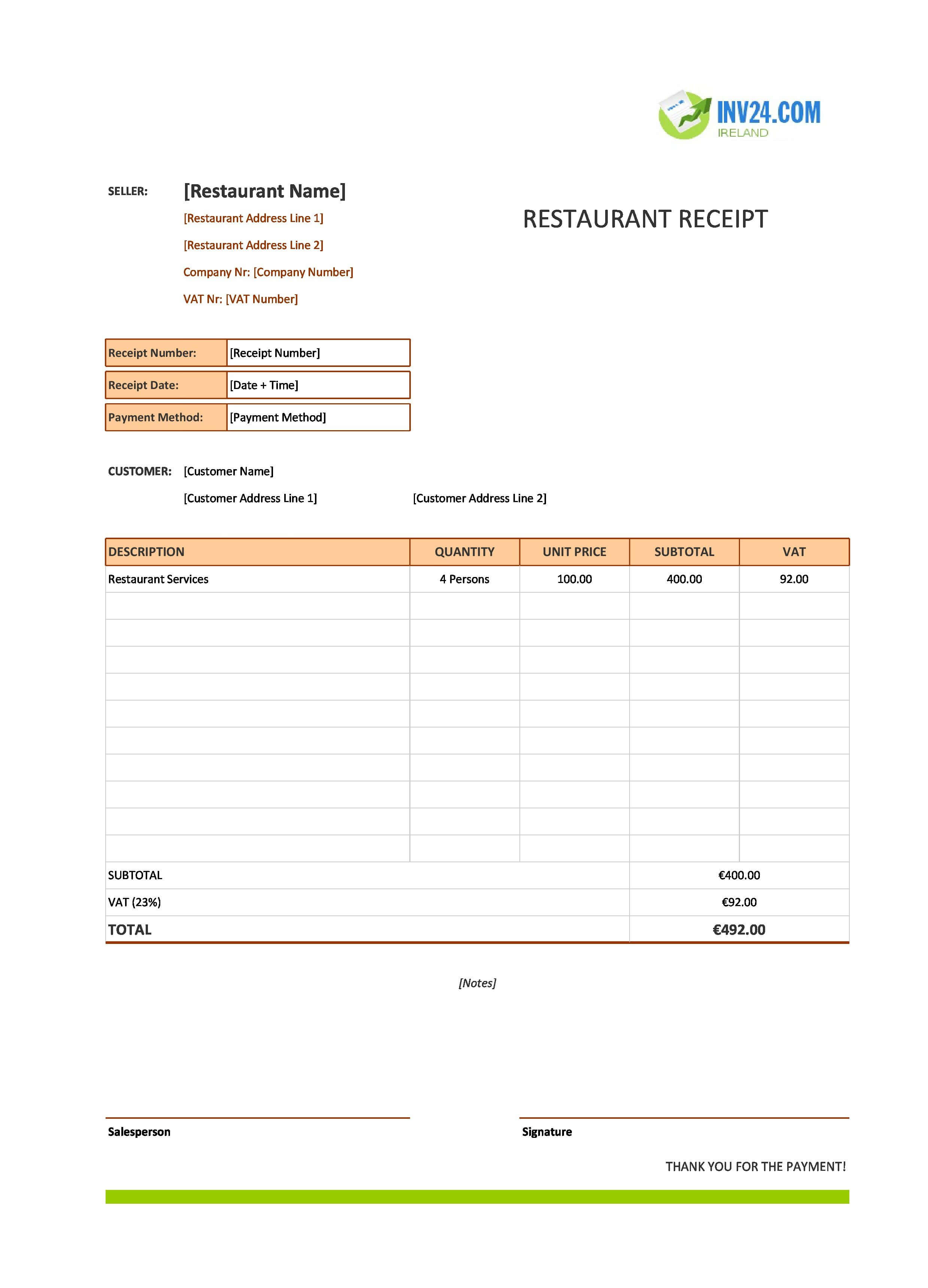 Sample Restaurant Receipt Template for Ireland (Excel / Google Sheets)