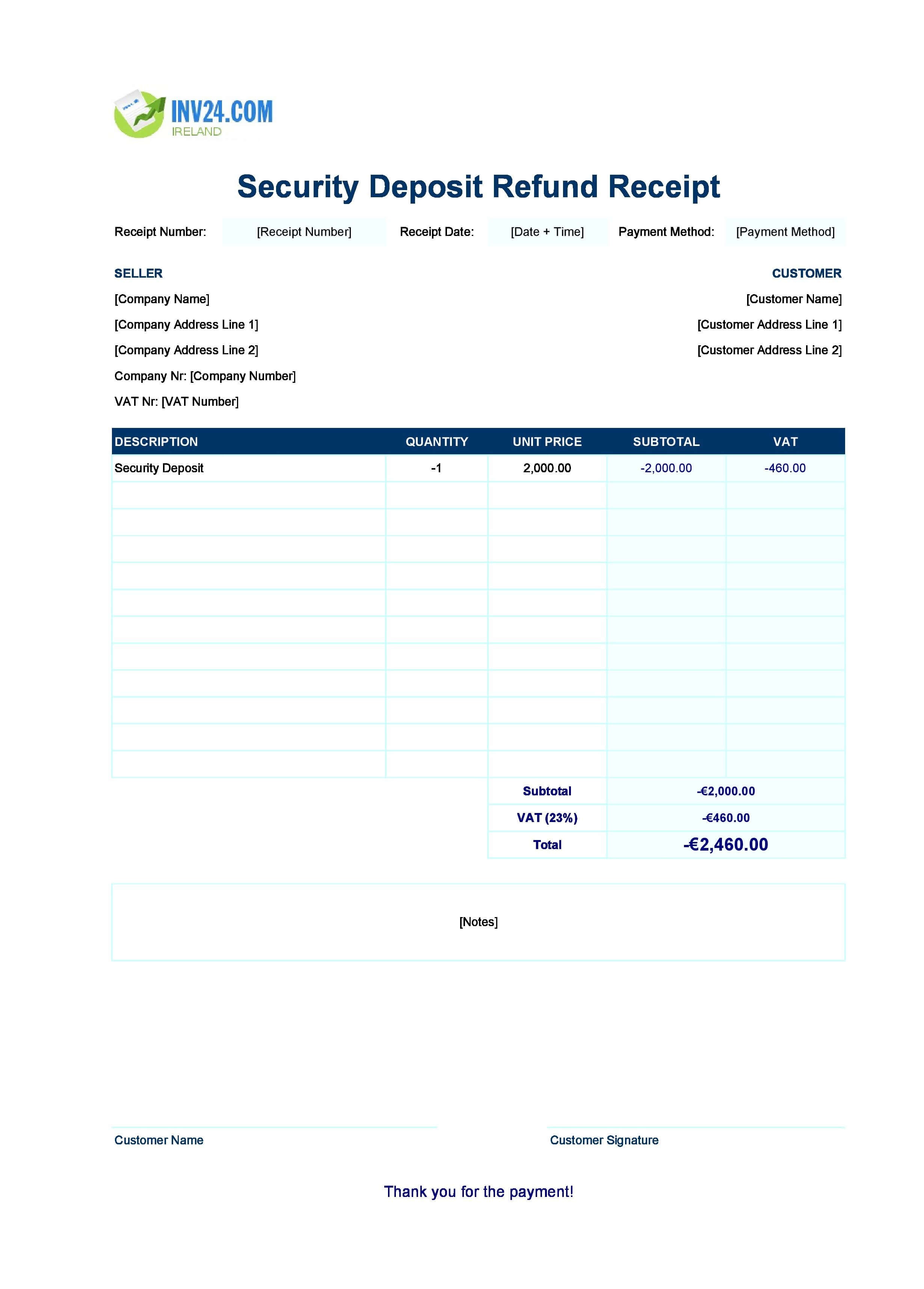Security Deposit Refund Receipt Template for Ireland (Excel / Google Sheets)