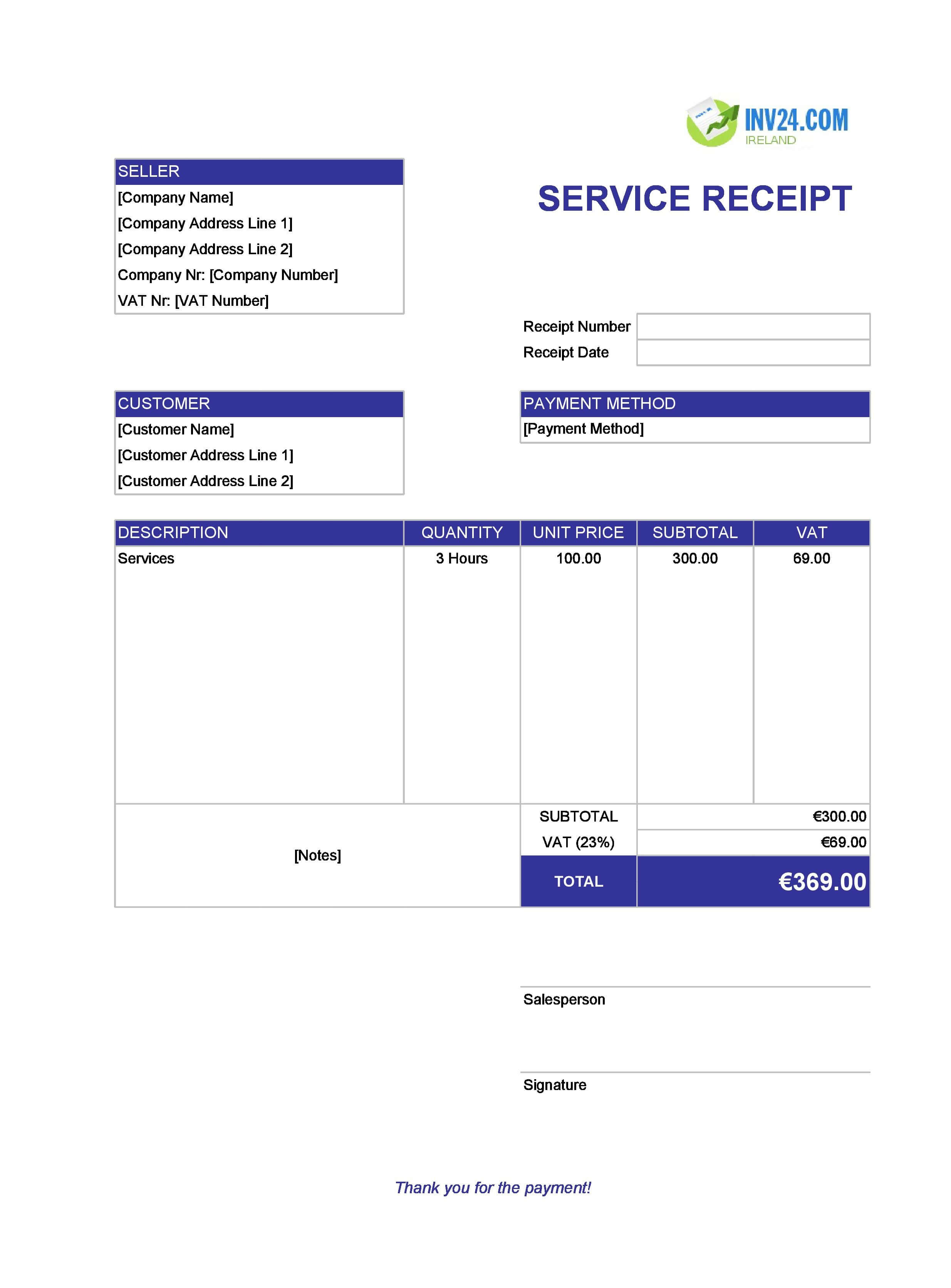 Service Receipt Template for Ireland (Excel / Google Sheets)