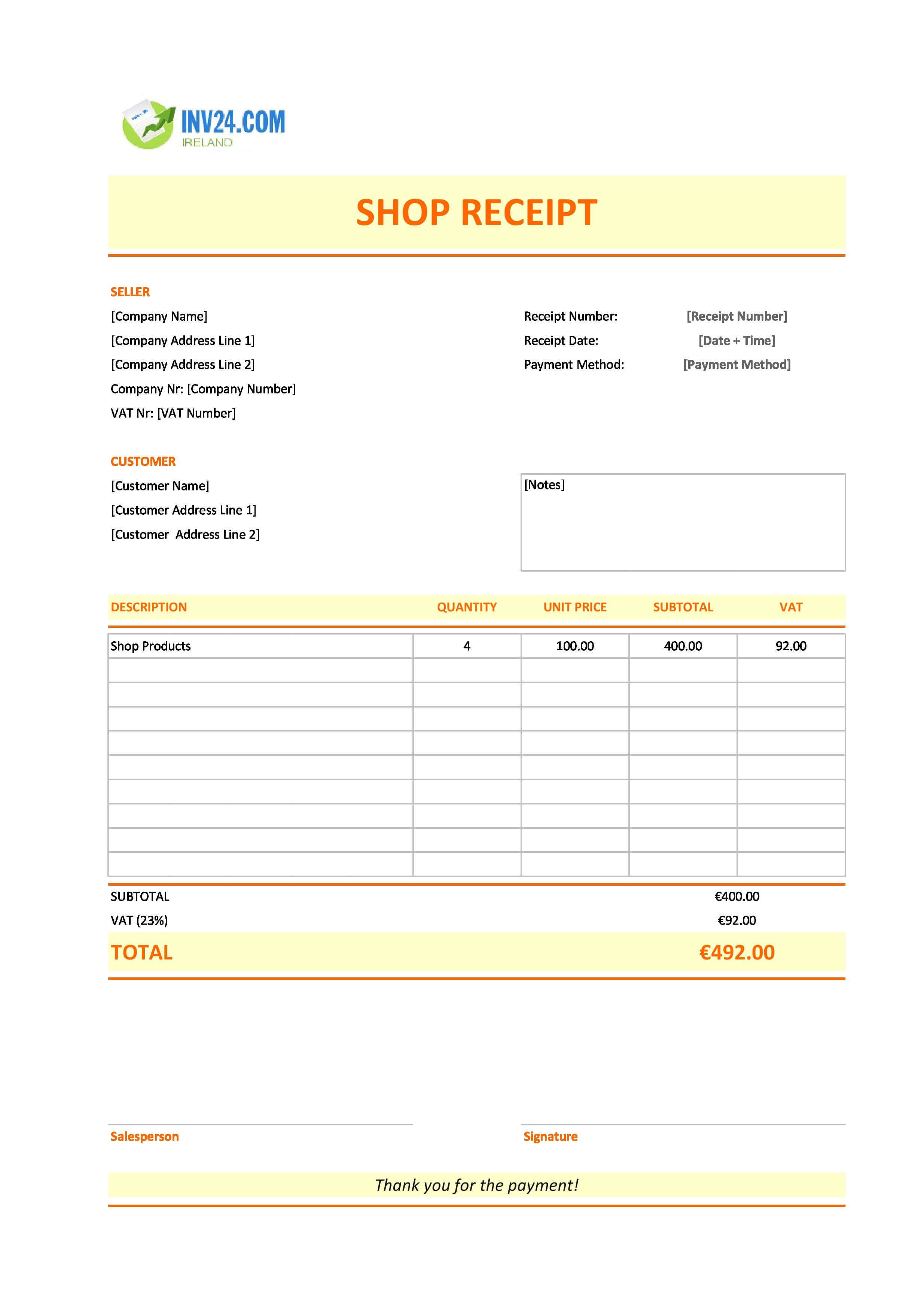 Shop Receipt Template for Ireland (Excel / Google Sheets)