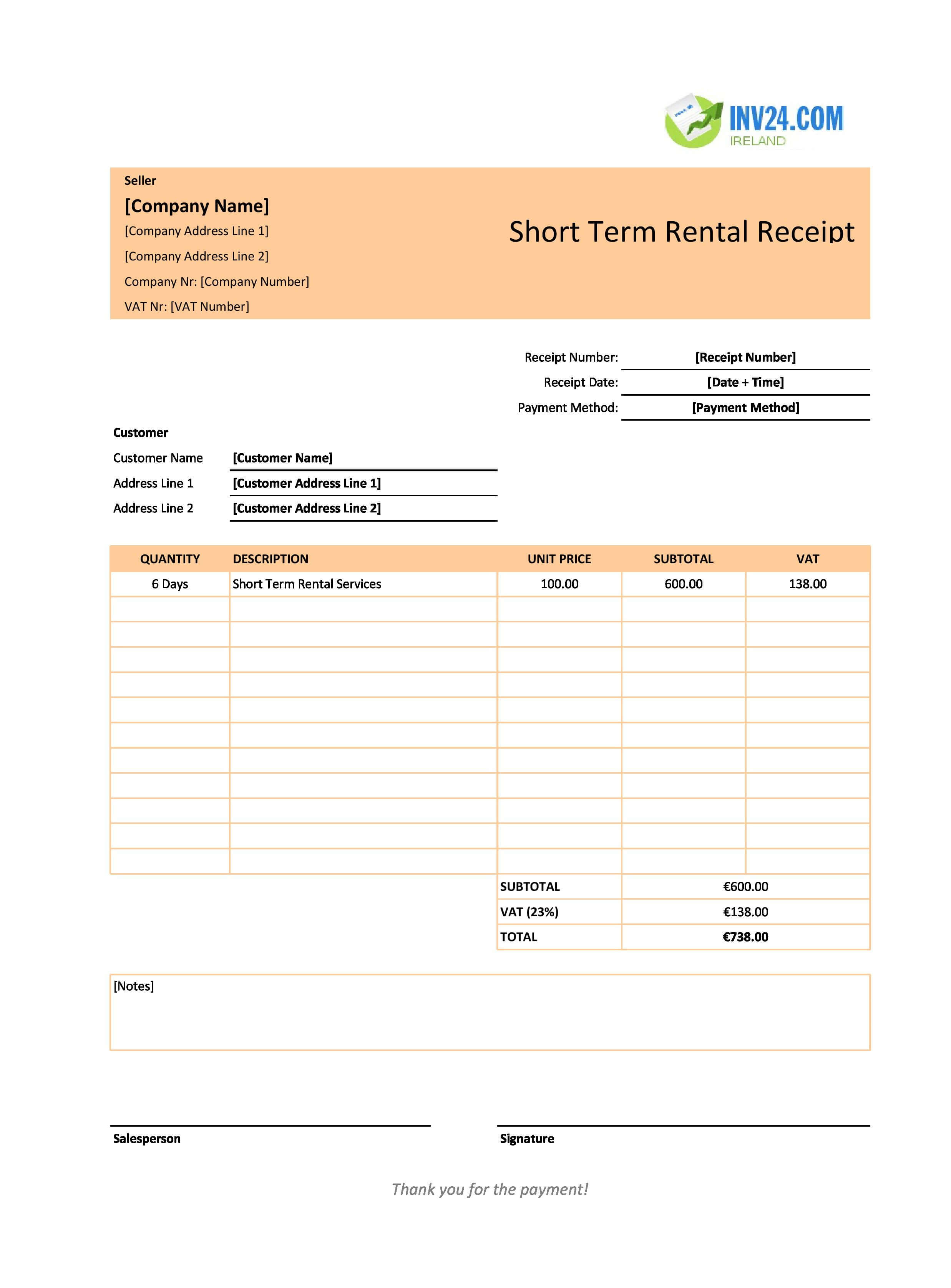 Short Term Rental Receipt Template for Ireland (Excel / Google Sheets)