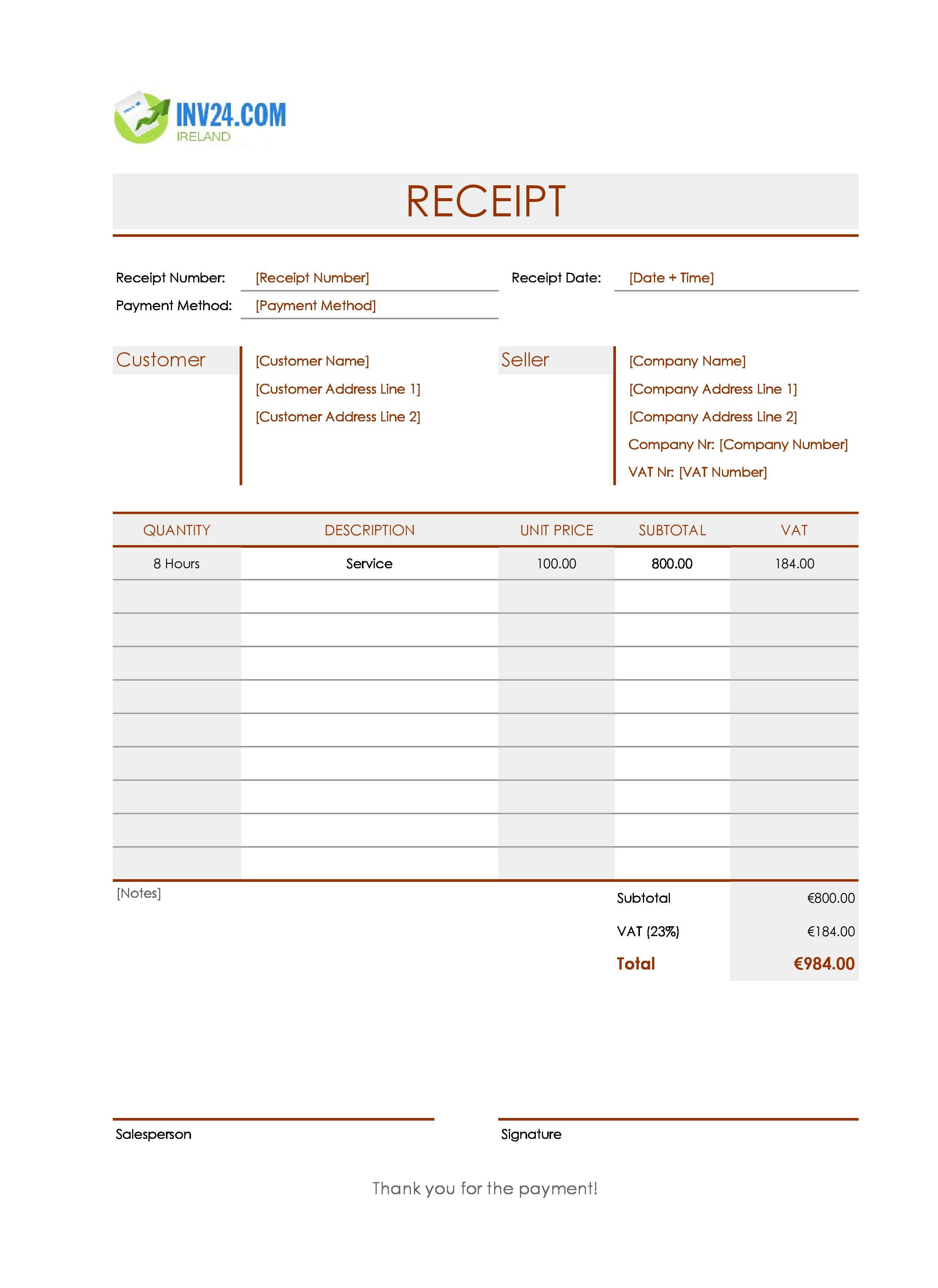 Simple Receipt Template for Ireland (Excel / Google Sheets)