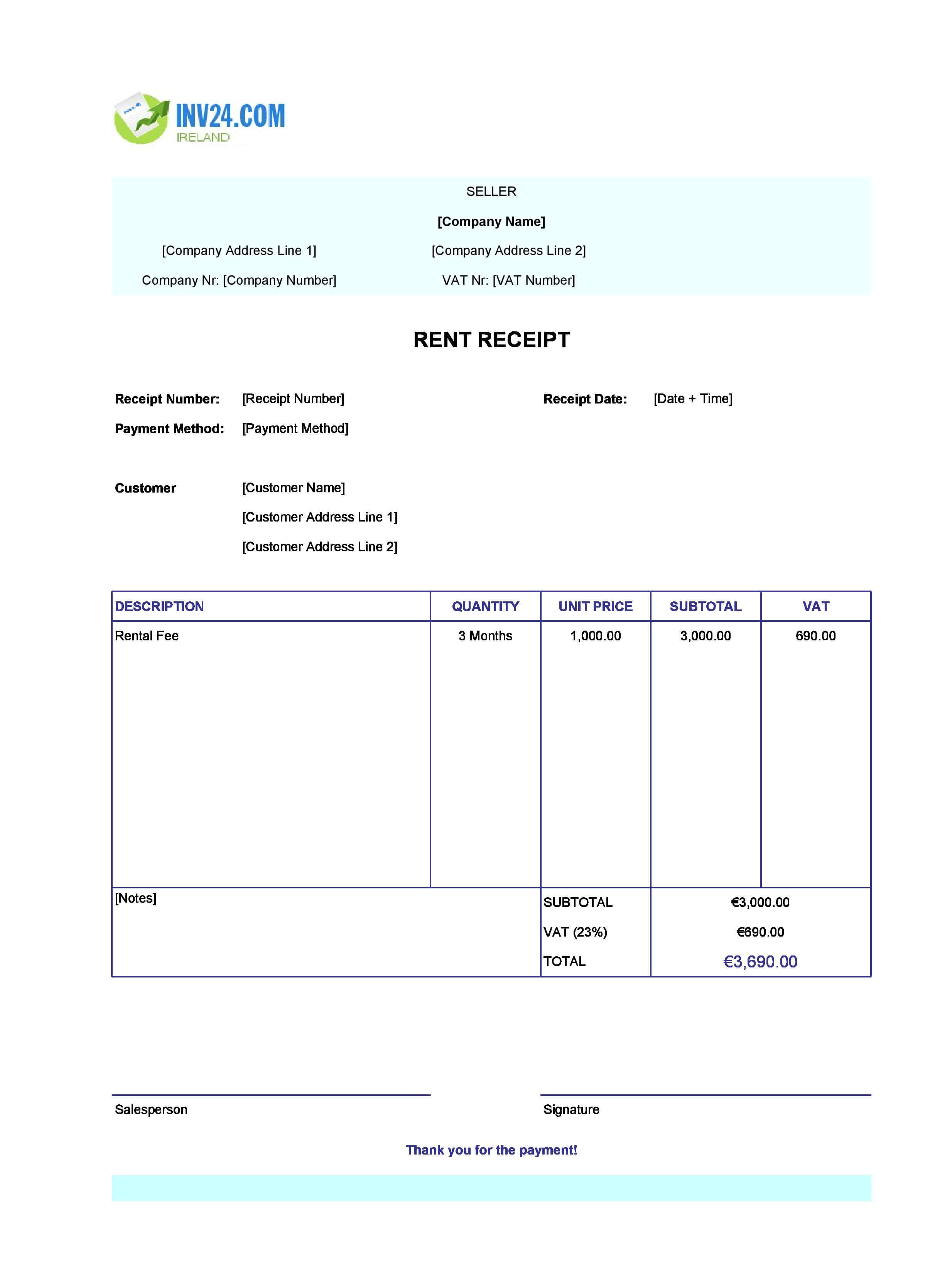 Simple Rent Receipt Template for Ireland (Excel / Google Sheets)