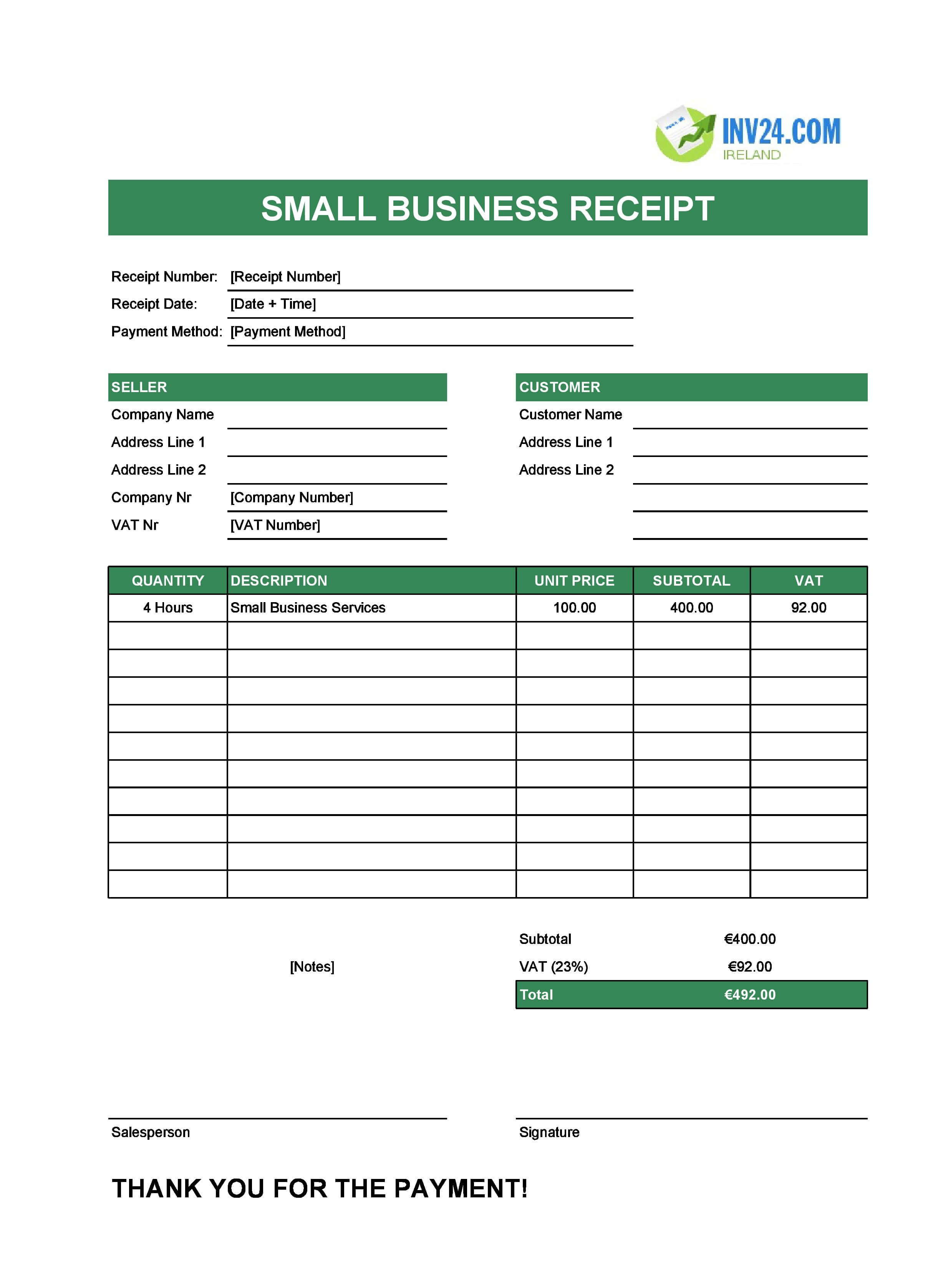 Small Business Receipt Template for Ireland (Excel / Google Sheets)