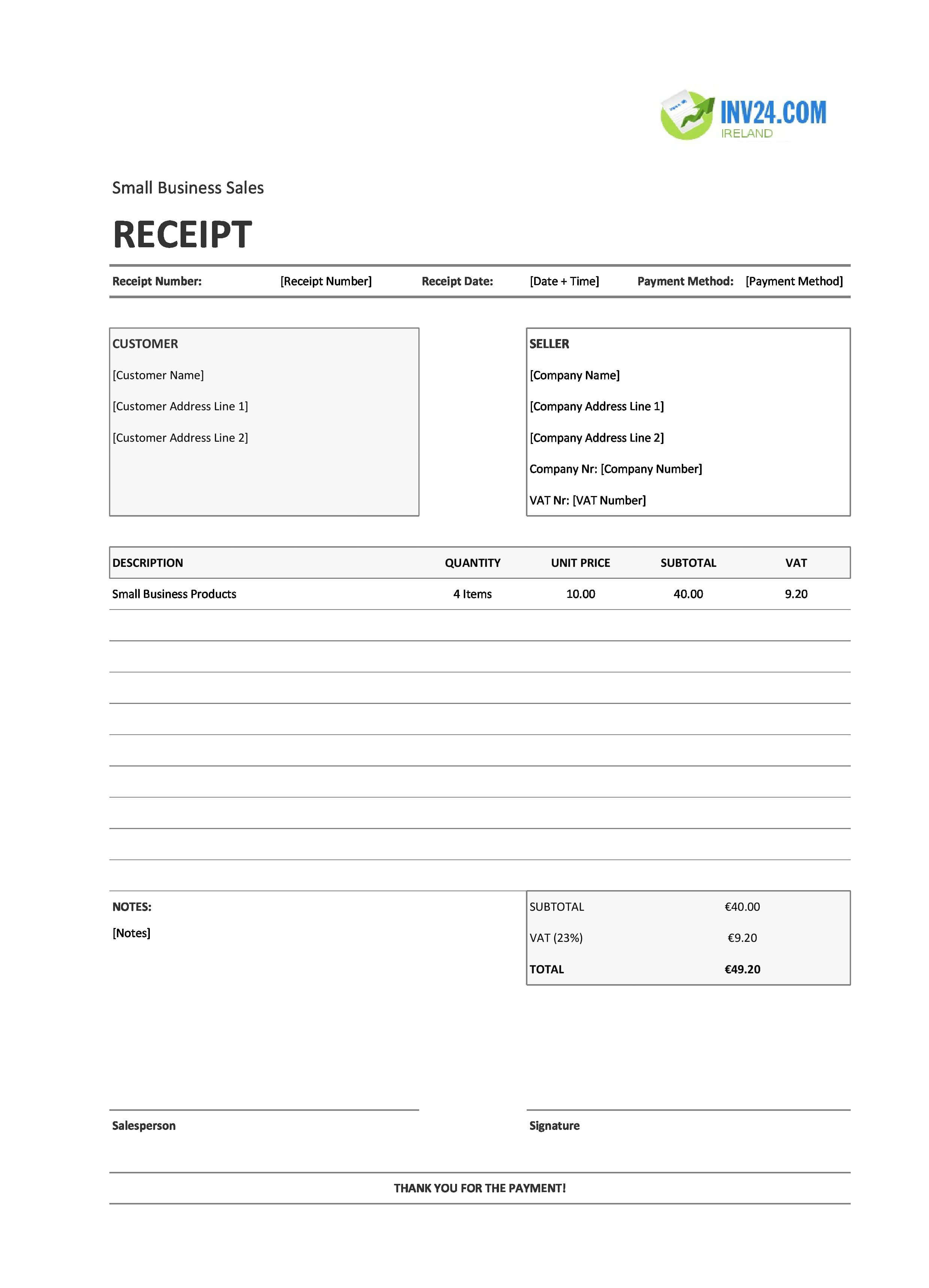 Small Business Sales Receipt Template for Ireland (Excel / Google Sheets)