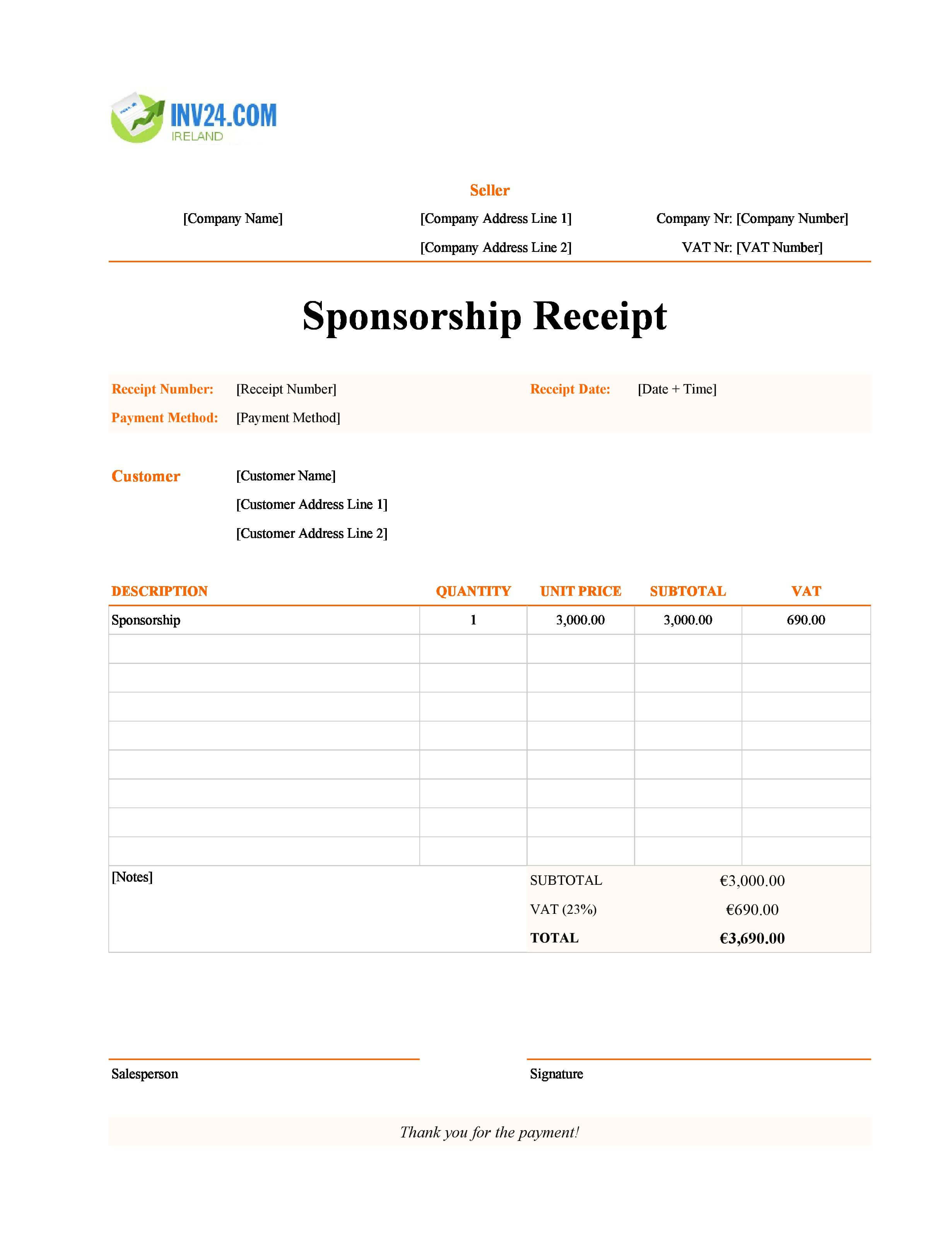 Sponsorship Receipt Template for Ireland (Excel / Google Sheets)